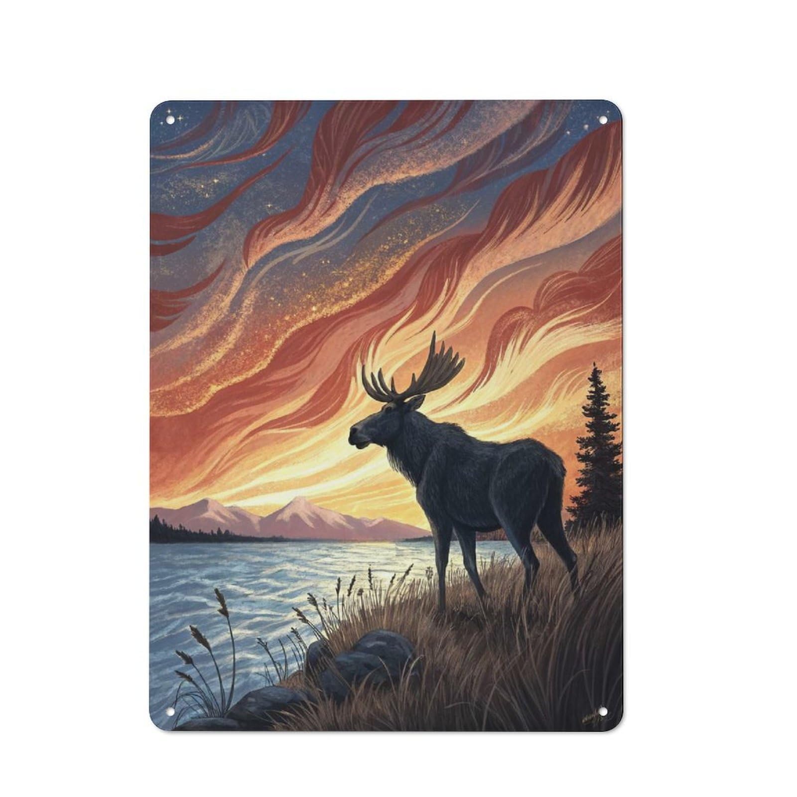 Junmoney Style-7 Metal Plaque 40X30cm With Moose By A Lake At Sunset For Pub Or Café, Vintage Decor, For Metal Sign Collectors, For Vintage Wall Decor Fans