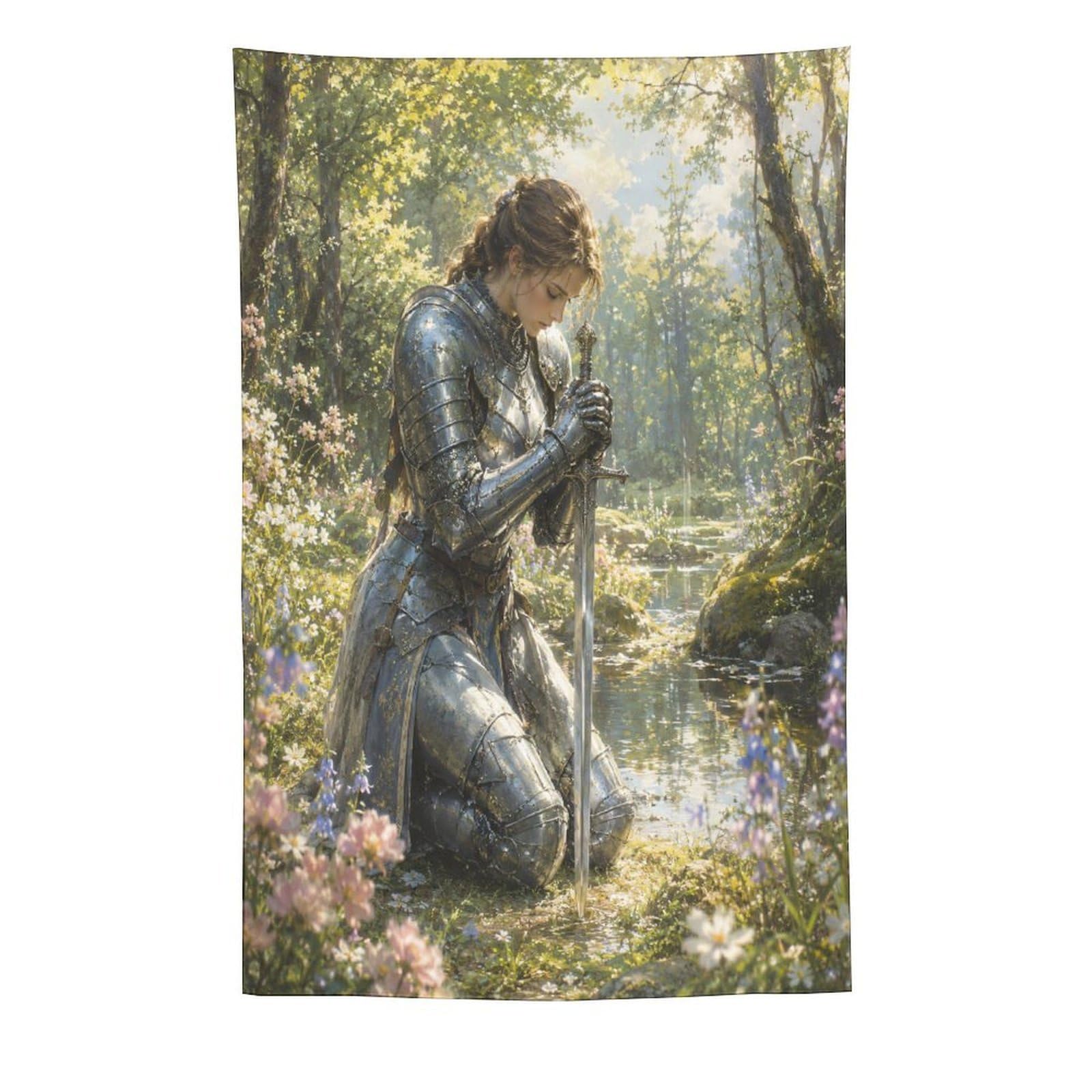 W7C8U2X3 Medieval Female Knight Floral Wall Tapestry, Backdrop