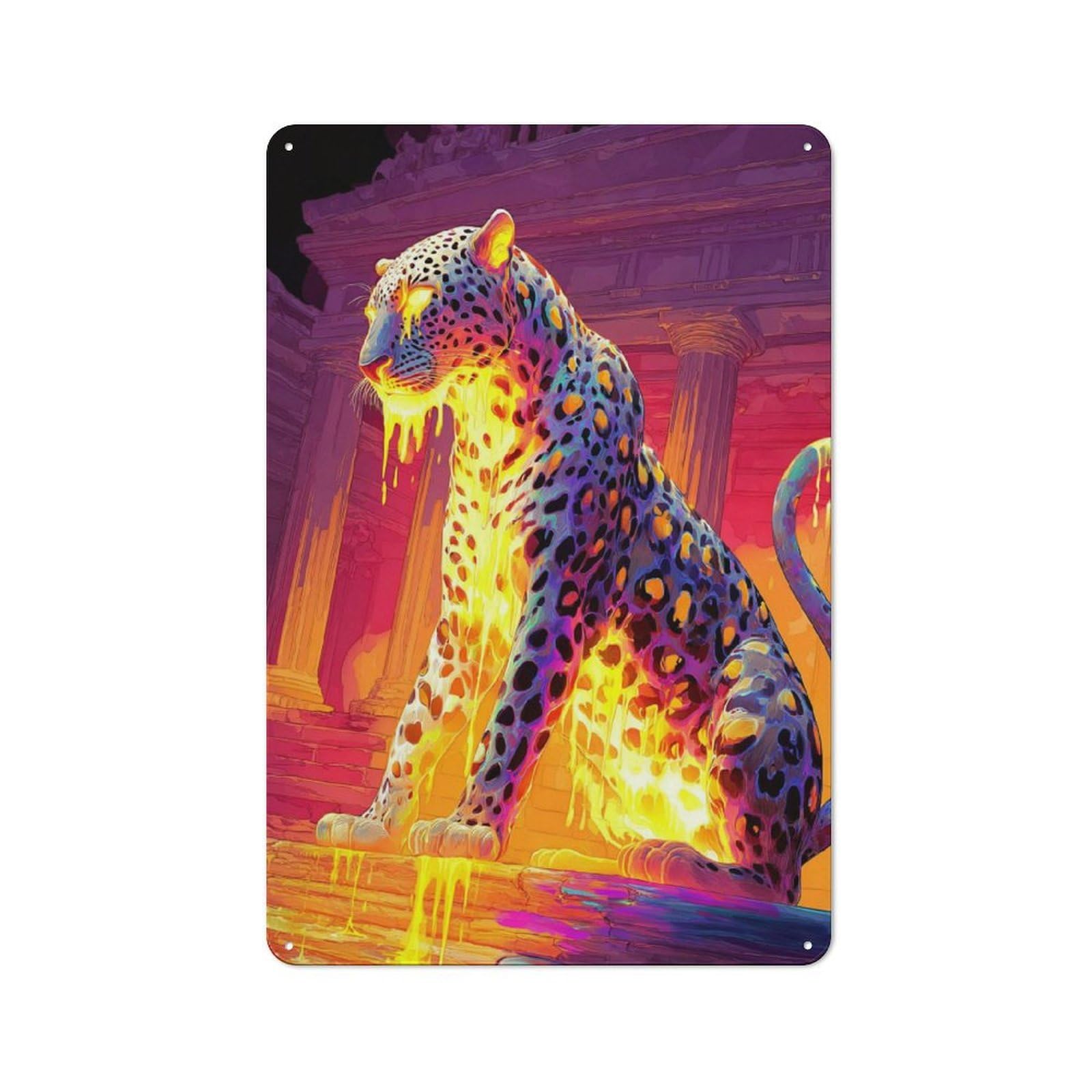 Junmoney Flaming Leopard In Ancient Ruins -2 Modern Vintage Metal Desk Wall Sign 30X20cm, Office Wall Decor For Office, Study, Studio Or Hallway