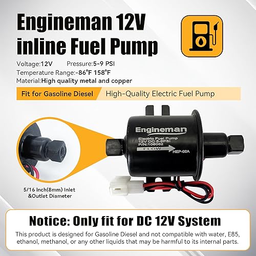 Miniatura 25 de Bomba de combustible eléctrica universal 12V 2.5-4.5 PSI en línea externa 5/16 pulgadas compatible con carburador marino diesel a gas marino E8016S