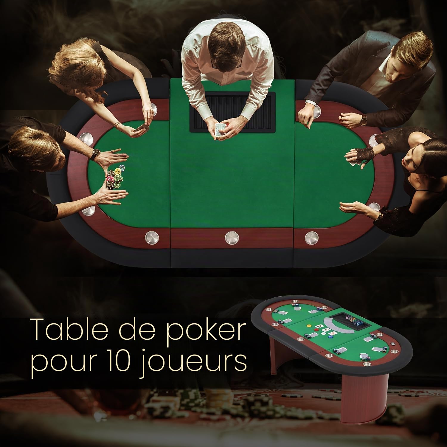 AVAWING Table de poker pour 10 joueurs, table de jeu avec 9 porte-gobelets, plateau à puce amovible et repose-bras rembourré, marron et vert
