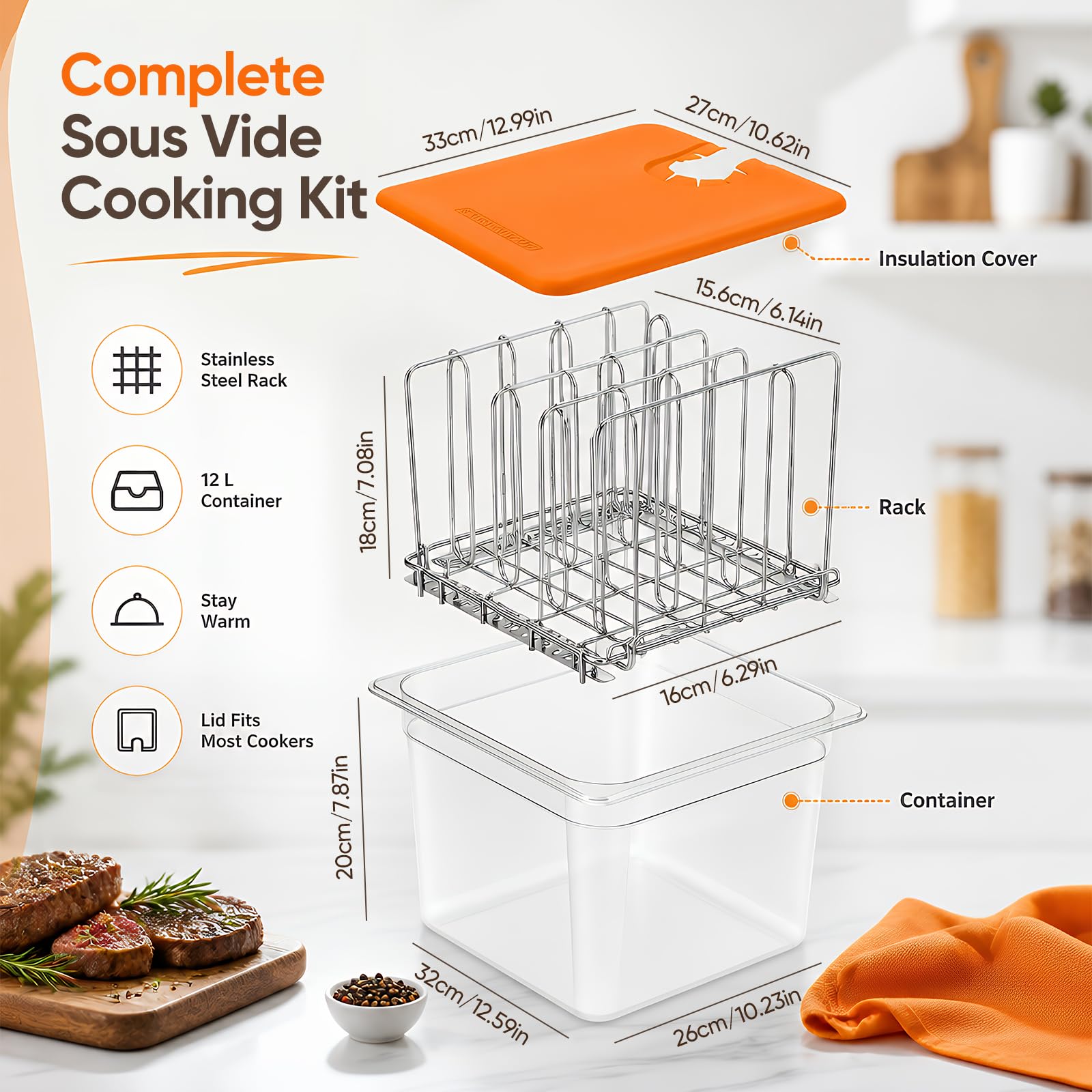 Sous Vide Behälter 12L Sous Vide Container mit Deckel BPA-frei | Sous Vide Set mit Thermohülle und Rack transparenter Garbehälter für Sous Vide Stick Fisch Fleisch Gemüse und Familienküche