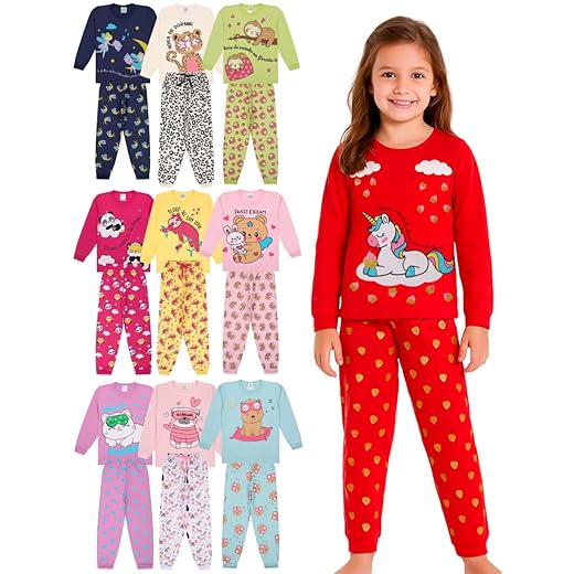 Kit Sortido 6 Peças Pijama Infantil Menina Manga Longa - 3 Conjuntos Pijama Infantil Feminino Algodão