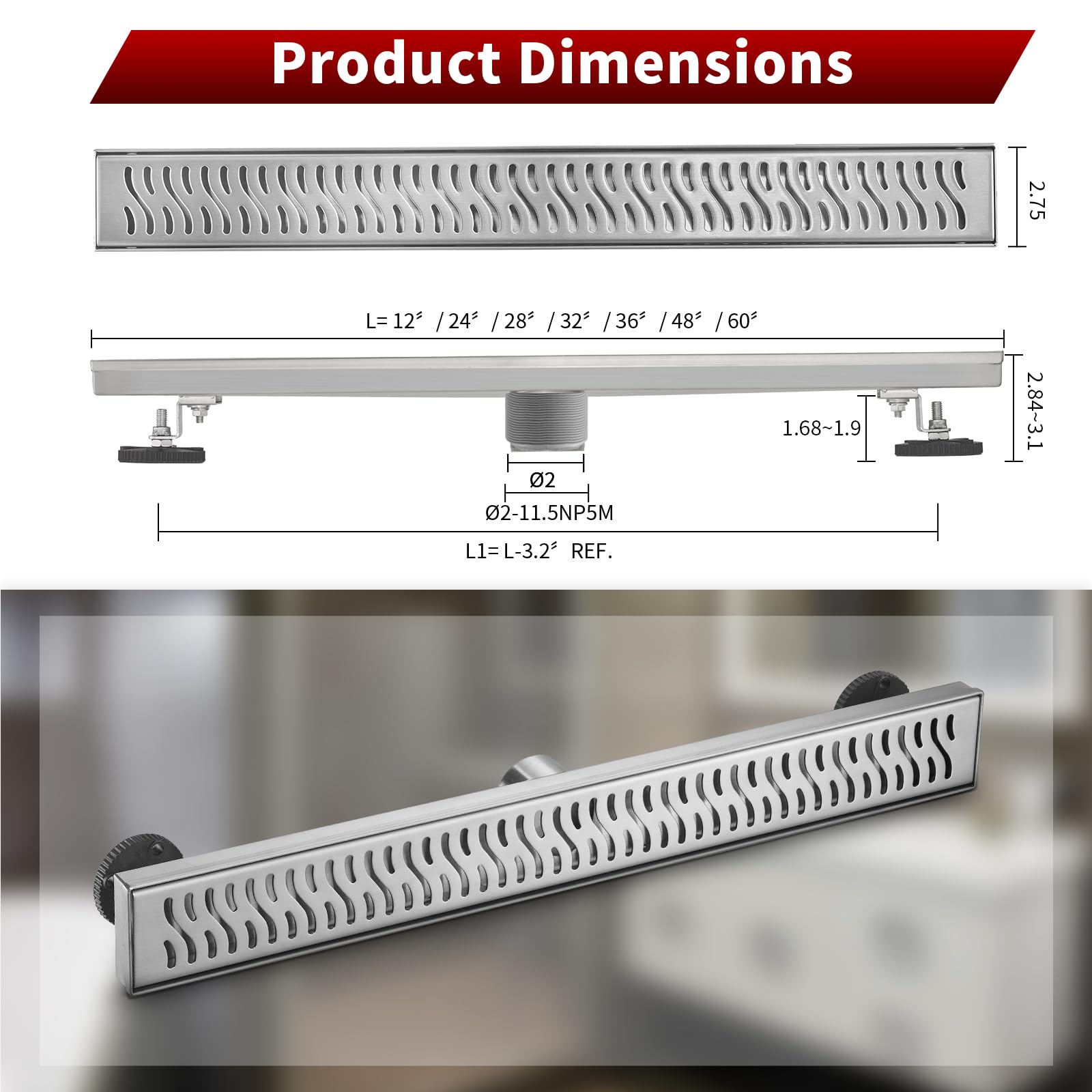 Scarico Doccia Lineare Merranox 91 Cm - Nichel Spazzolato Acciaio Inox