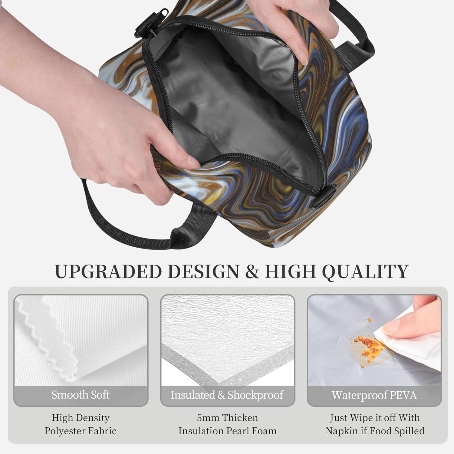 Abstract Marble Ink Textur Print Reusable Lunch Bag Insulated Lunch Boxes for Office Work Picnic Tote Bag Adjustable