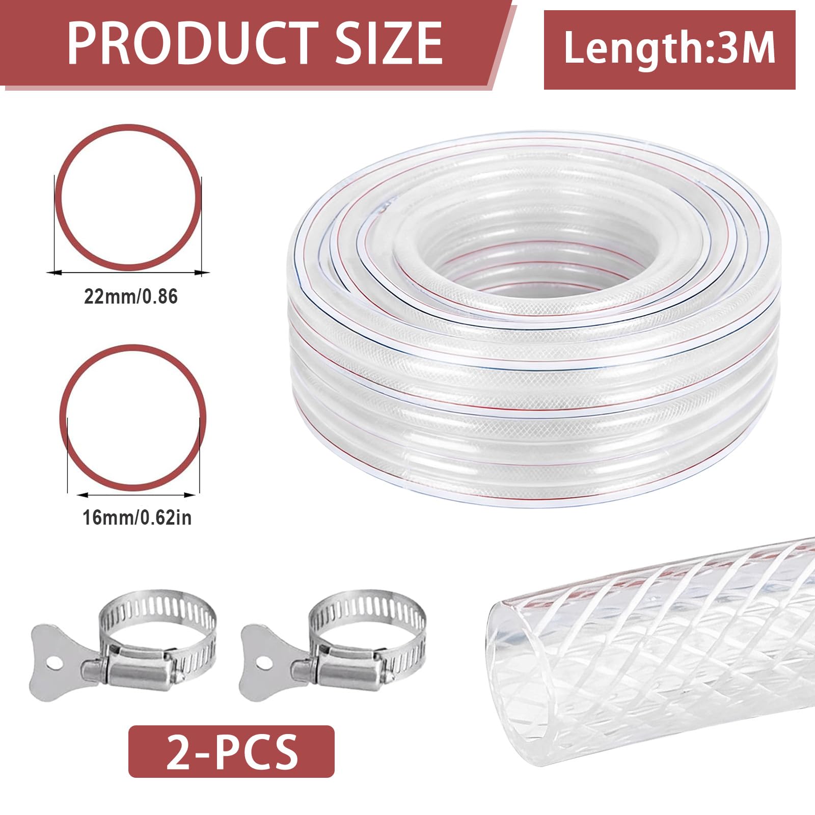 Trinkwasserschlauch, 16x22mm Gewebeschlauch PVC Schlauch mit Gewebe, Wasserschlauch mit Schlauchschelle, Gartenschlauch, Gartenbewässerung Flexibel, Luftschlauch, Benzinschlauch (3M)