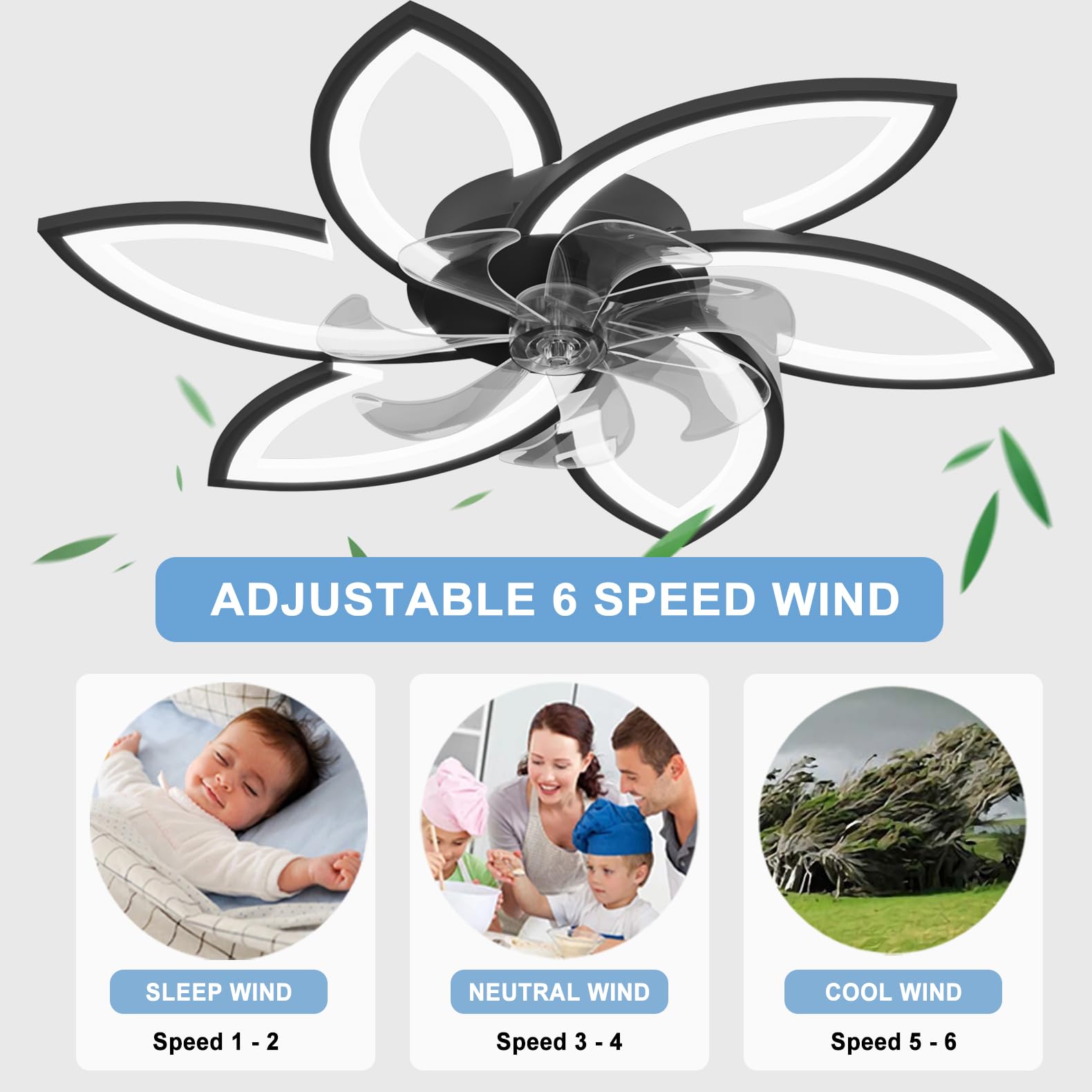 Modern Stumm Deckenventilator mit Beleuchtung, LED Dimmbar Ventilator Deckenleuchte mit Fernbedienung Licht für Wohnbereich Schlafzimmer, 6 Geschwindigkeiten Einstellbar, Schwarz 78CM