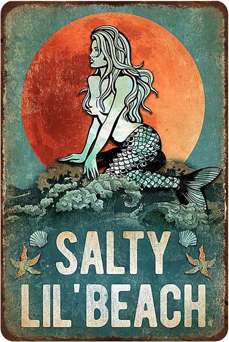 Retro Metal Tin Sign Salty Lil Beach Mermaid Poster Mermaid Wall Art Tin Signs for Kitchen Home Office Bar Cafe Decor 8x12 Inch