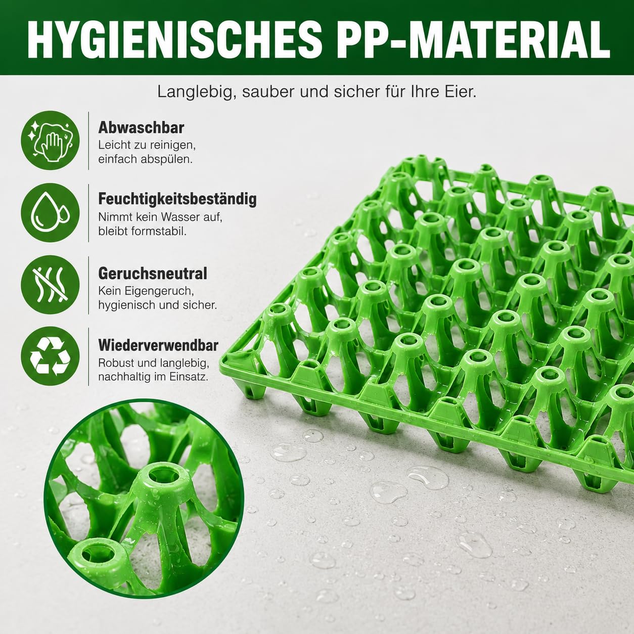 CYEER 20 unidades de hordas de huevos de plástico verde, apilables, 30 unidades, paletas reutilizables de polipropileno para almacenamiento de huevos, transporte, gallinero, agricultura, cocina y