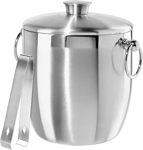 OGGI Double Wall Stainless Steel Ice Bucket - Insulated Ice Bucket with Elegant Steel Lid, Classic Handles & Stainless Steel Ice Tongs - Great for