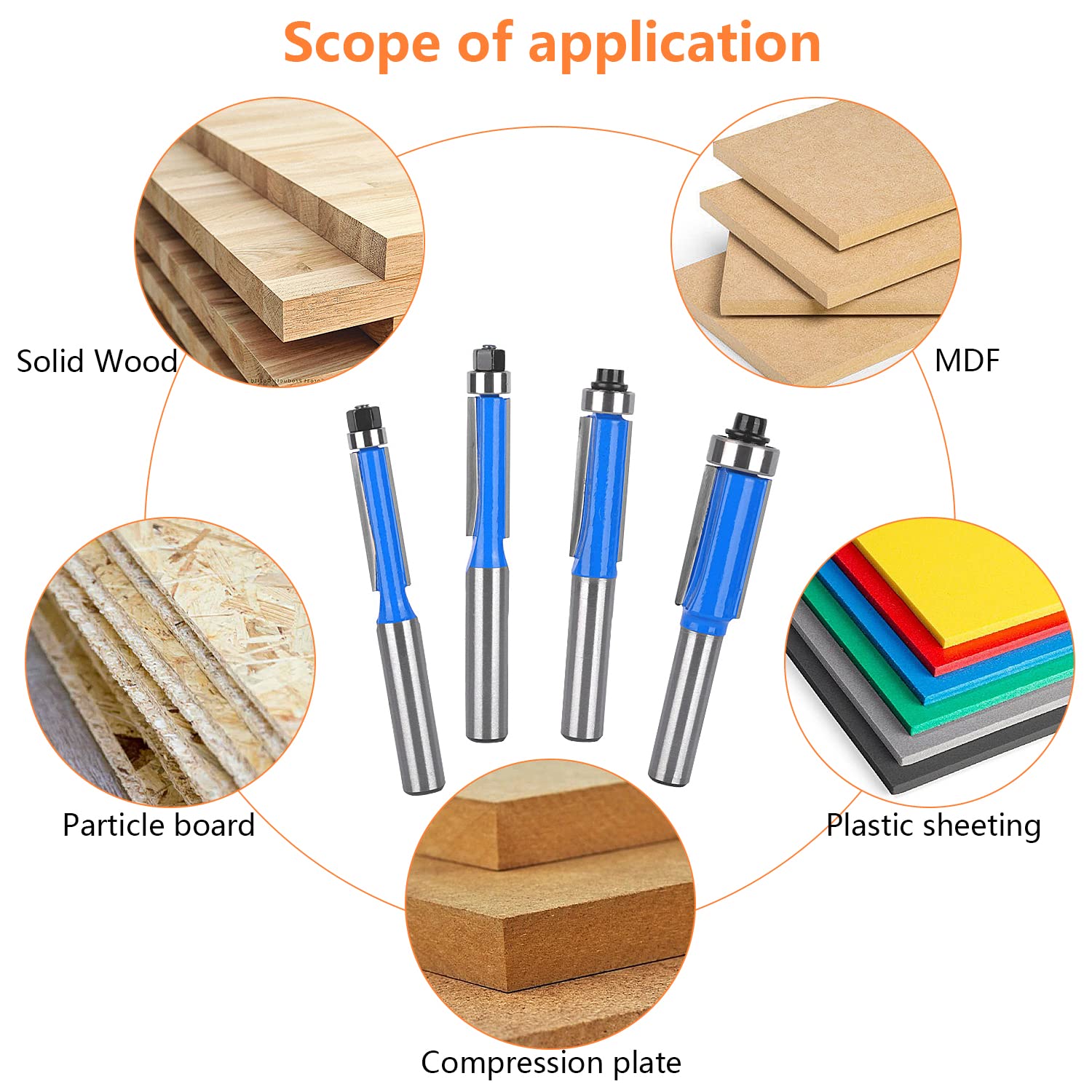 Set 4 Pezzi Fresa a Taglienti Diritti per Legno, Codolo 8 mm Con Cuscinetto, Fresa per Rifilare, Frese Professionali per Lavorazione, per Rifilatore
