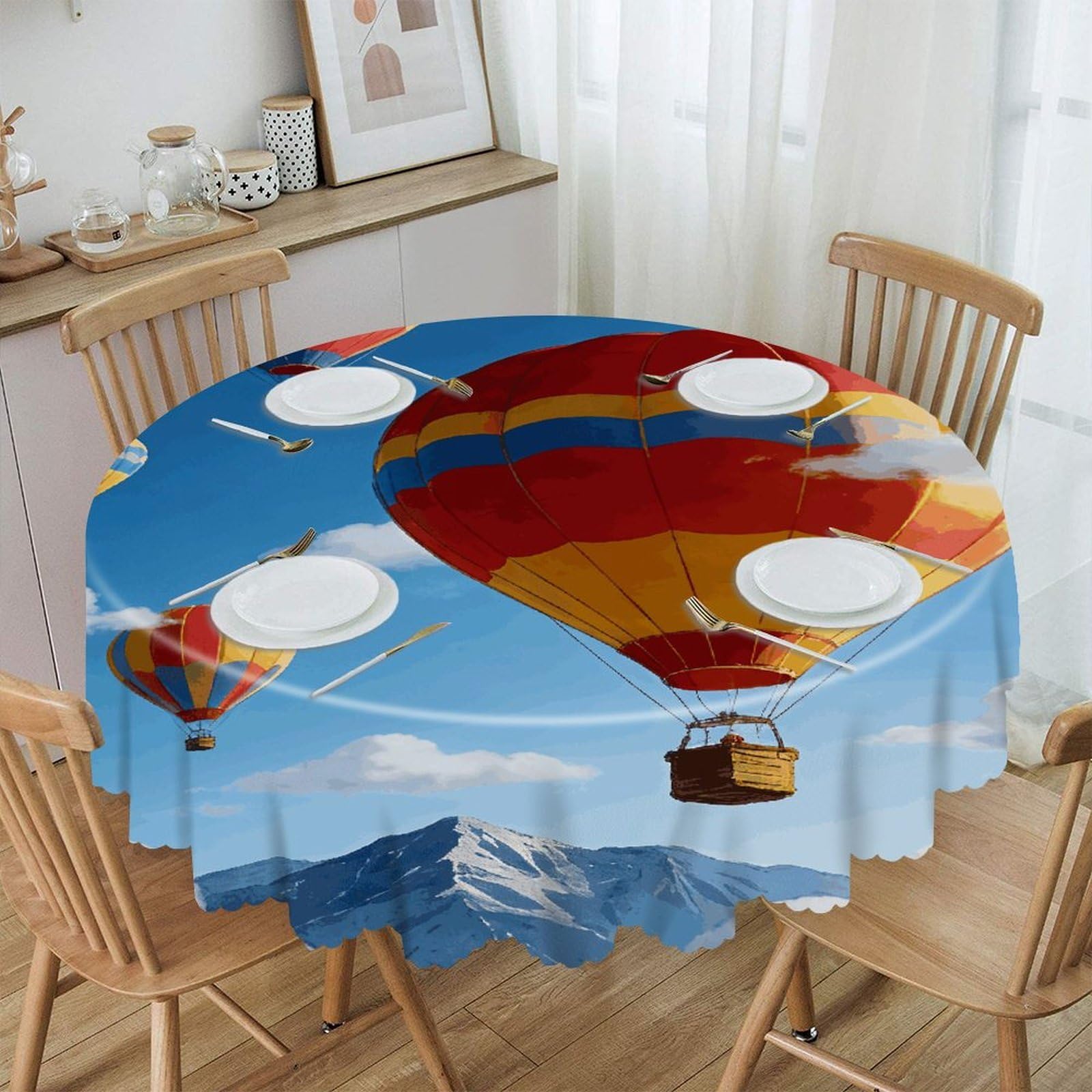 Khauerbc Style Balloon Adventure Round Tablecloths,Spill Proof,Polyester Fabric Washable Table Cloth Cover For Dining Wedding And Outdoor,Soft Toching And Easy Clean
