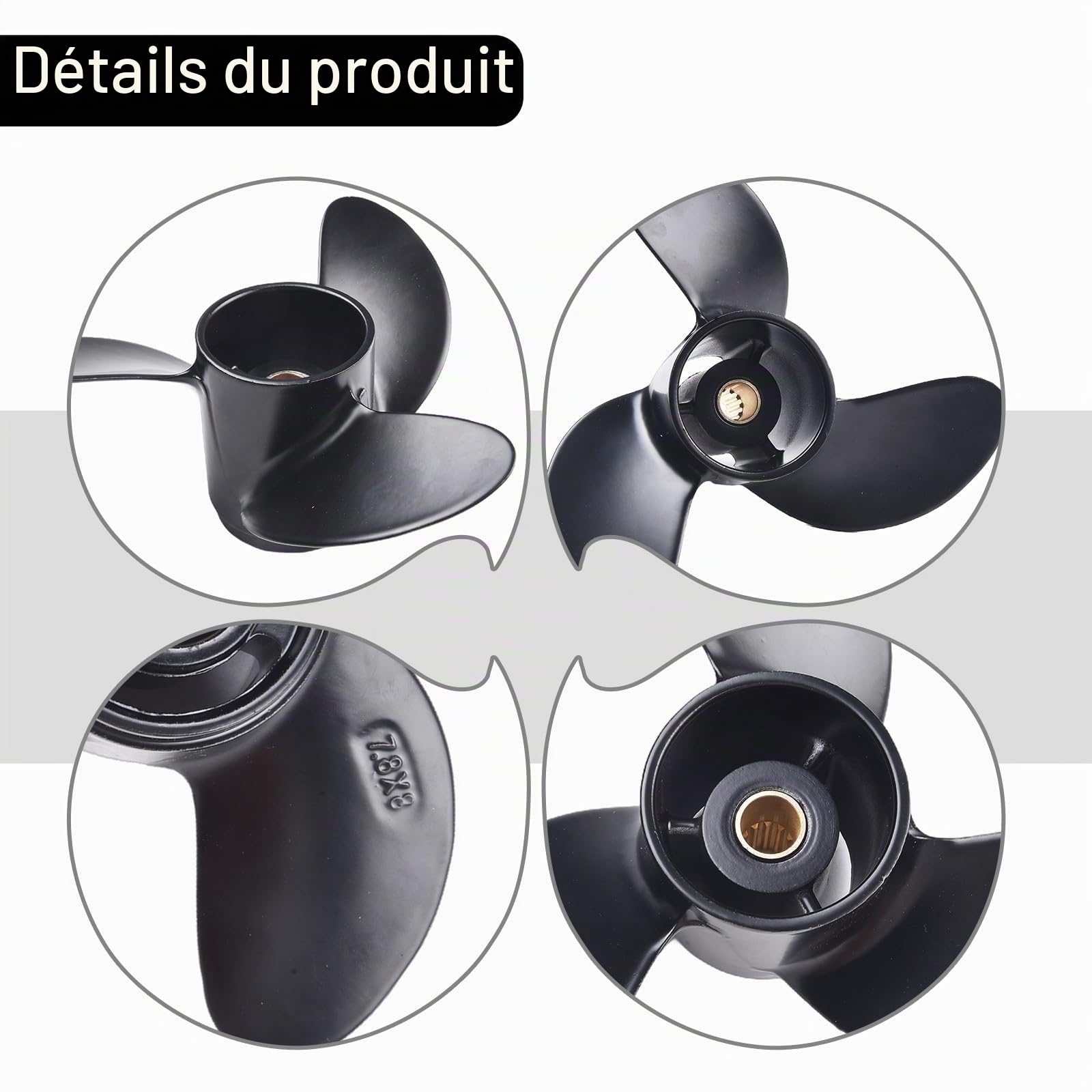 Hélice hors-bord en aluminium 7,8 x 8 pour Tohatsu Nissan Mercury 4-6HP 3 pales à rotation droite moteur de bateau pièce de rechange