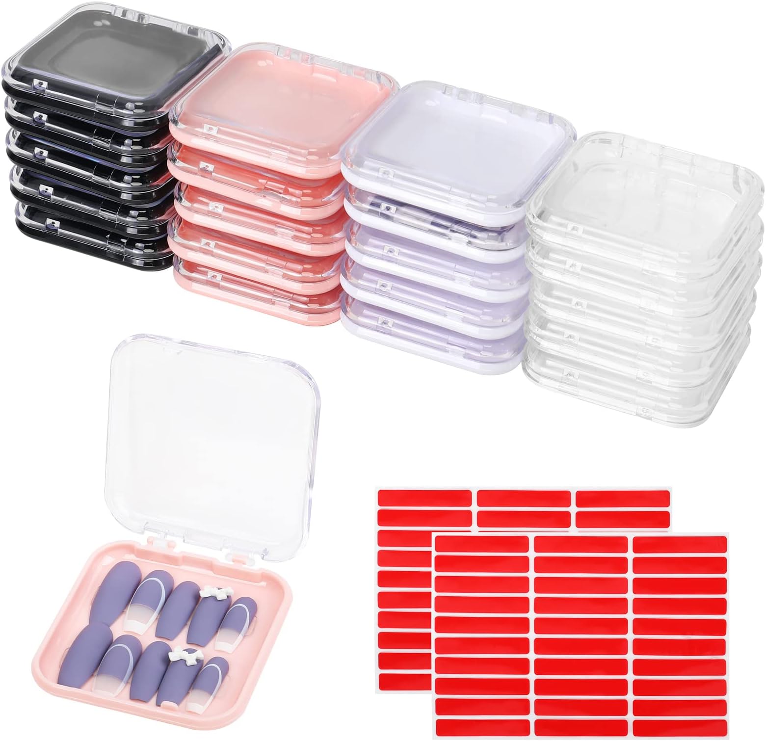 20pcs Press On Nail Storage Box with 60pcs Double Sided Adhesive Nail Tape Acrylic Empty Press On Nail Packing Box in 4 Colors Artificial Nail Display Packing Box for Press on Nail Business Nail Art