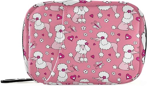 Estuche para píldoras con diseño de perros caniche y corazones de color rosa blanco con caja de plástico interna extraíble, organizador de cajas de