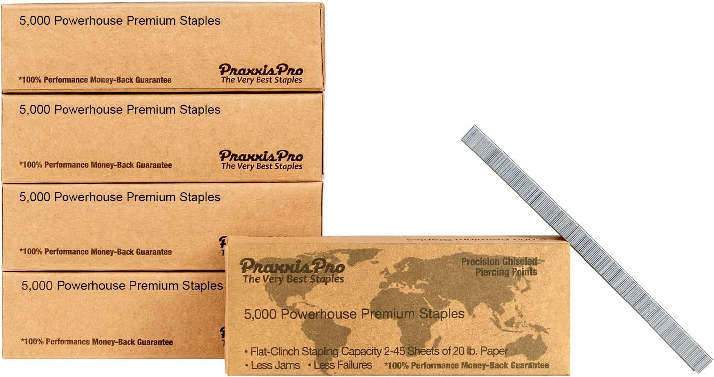 PraxxisPro Powerhouse Premium 26/6 Standard Staples - Full-Strip Chisel Pointed Bulk Staples, Compatible with Standard Staplers, Ideal for Office & Heavy Duty Use (25,000)