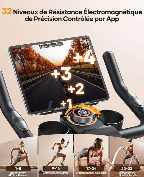 TOPUTURE Velo d Appartement, Vélo d'Appartement Silencieux avec Résistance Magnétique Électrique 32 Niveaux, Écran Tactile Haut de Gamme avec App et Capteur Cardiaque, Support Haltères, Capacité 150kg - 5