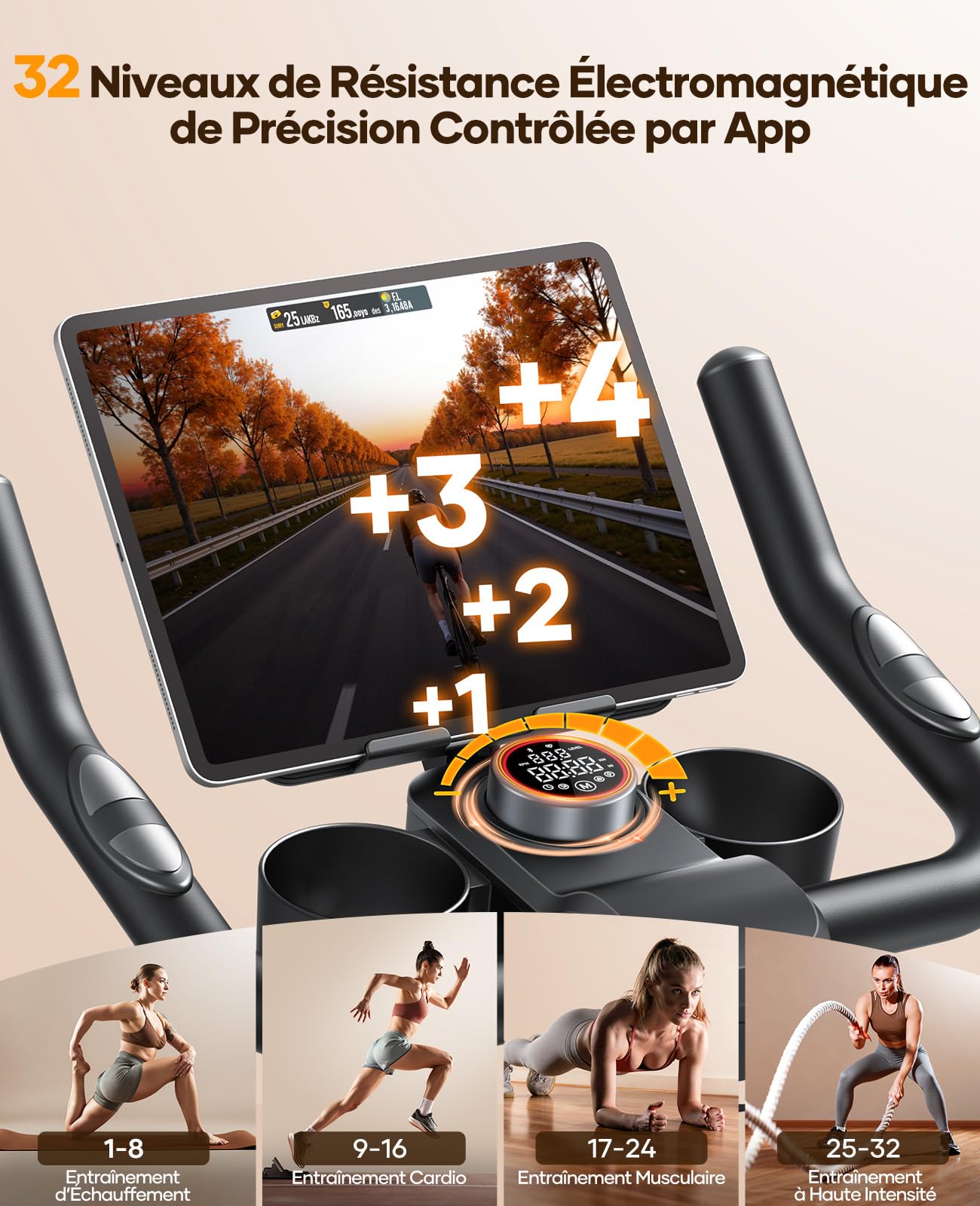 TOPUTURE Velo d Appartement, Vélo d'Appartement Silencieux avec Résistance Magnétique Électrique 32 Niveaux, Écran Tactile Haut de Gamme avec App et Capteur Cardiaque, Support Haltères, Capacité 150kg