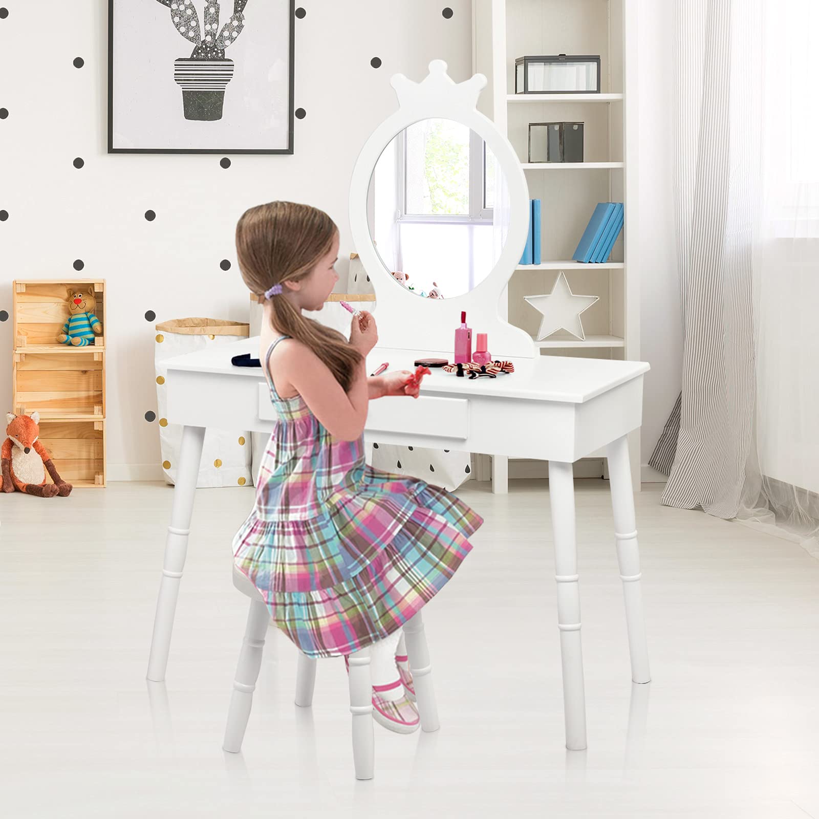 GOPLUS Tocador Infantil con Espejo en Forma de Corona (Incluye Mesa de Maquillaje y Taburete), 1 cajón, Accesorio de Maquillaje, Mesa de Maquillaje para niñas, Estilo Princesa (Blanco)
