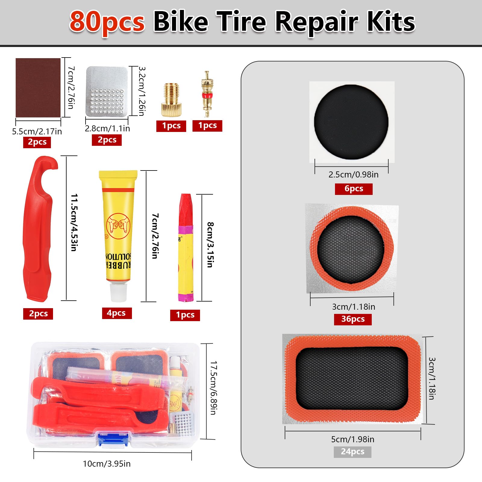 80-teiliges Fahrradreifen-Reparaturset, selbstklebendes Fahrradreifen-Patch-Set, Fahrrad-Werkzeug-Set mit tragbarer Aufbewahrungsbox und Ventilkonverter, Fahrrad-Reparatur-Set für