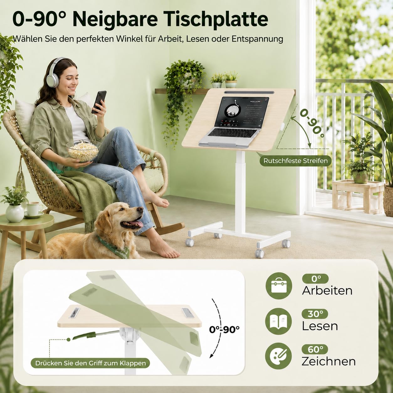 Table d'Appoint Mobile Réglable en Hauteur, Bois Clair