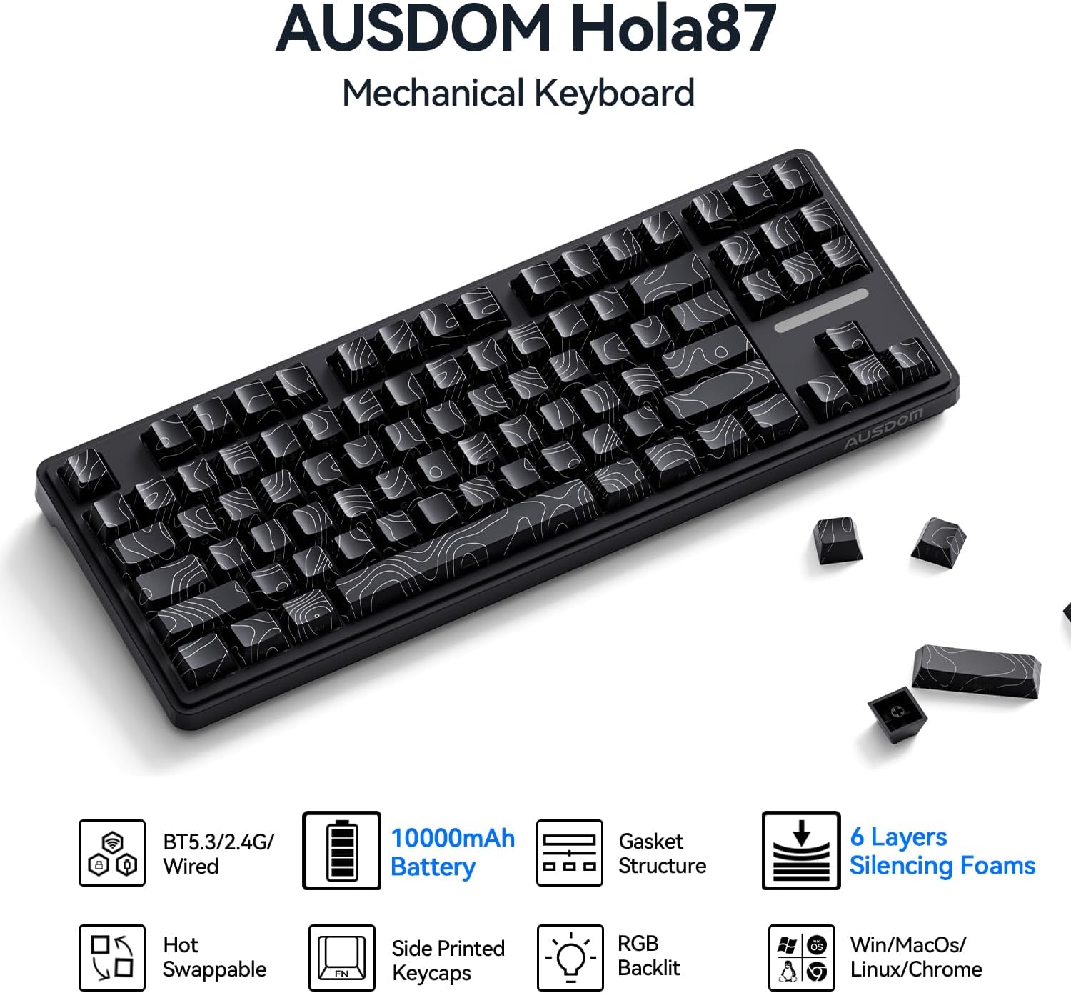 AUSDOM Hola 87 Mechanical Keyboard highlighting features like BT5.3/2.4G/Wired, 10000mAh Battery, Gasket Structure, 6 Layers Silencing Foams, Hot Swappable, Side Printed Keycaps, RGB Backlit, Win/MacOS/Linux/Chrome compatibility