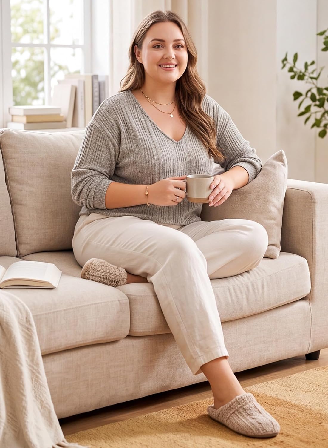 Eytino Plus Size Long Sleeve Ribbed Knit Shirts for Women | Classic V Neck, Side Split Pullover Tunic Tops, Casual Loose Blouses, Trendy Fall Clothes, 1X-5X