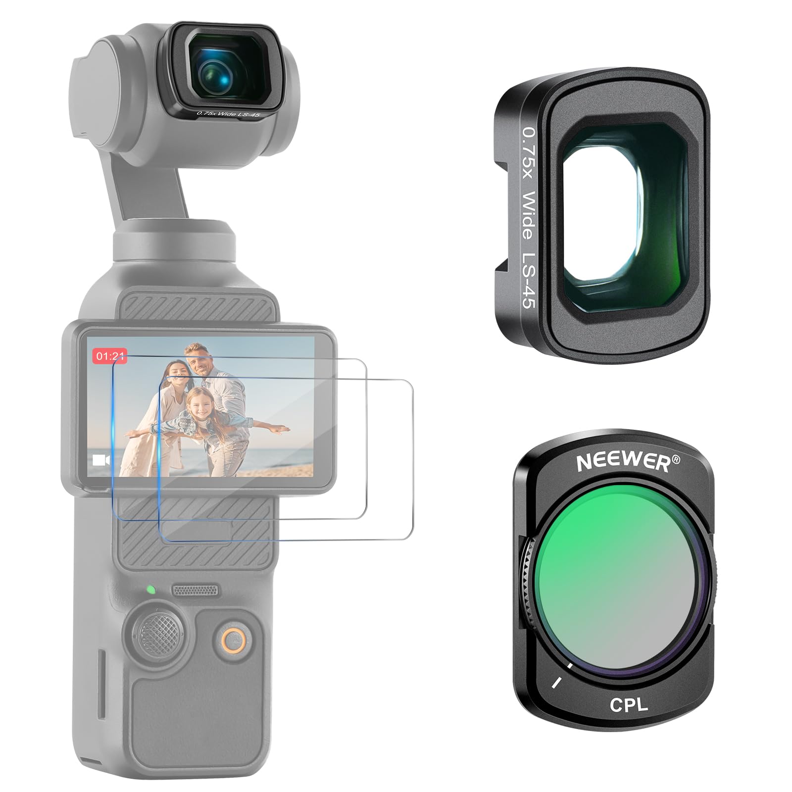 NEEWER Filter Accessories Compatible with DJI Osmo Pocket 3 & Creator Combo, Magnetic CPL Filter, 0.75X Wide Angle Lens 108° FOV, 2 Screen Protectors