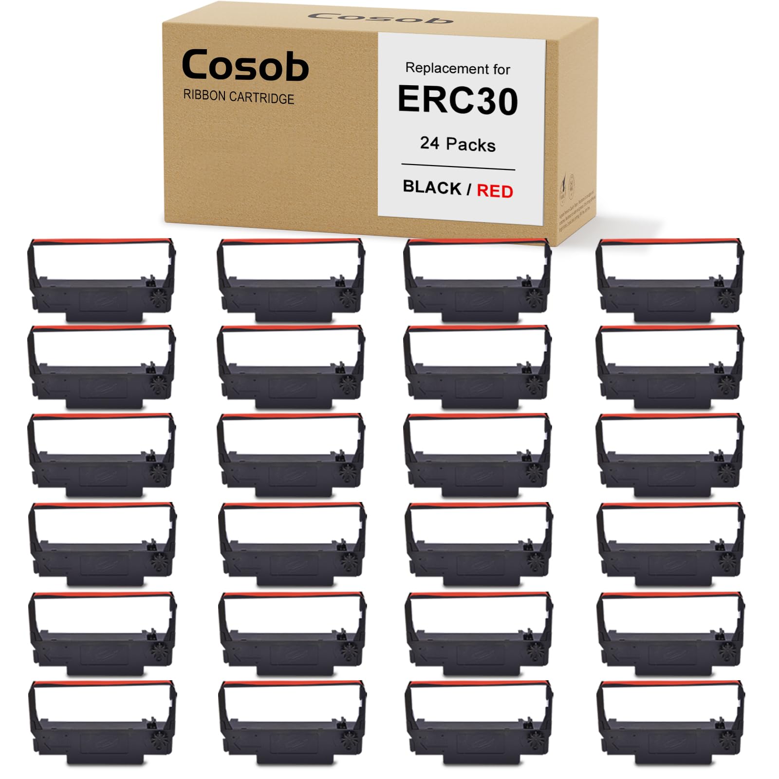 Repuesto para ERC30 ERC-30 ERC 30 34 38 cinta negra y roja, paquete de 24 | Compatible con impresora Epson ERC30 ERC34 ERC38 TM-U220 M188B NK506 BTP-M300 GRC-220BR (B/R Ink Ribbon)