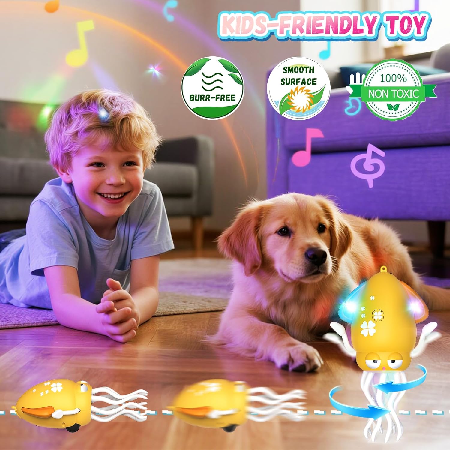 PANAMALAR Dancing Octopus Toy, Electric Octopus Crawling Toy for Kids with Music/Lights/Rechargeable Battery, Light up Magic Moving Squid Toys for Baby Boy Girl Age 3 4 5 6+ Birthday Gifts, Yellow