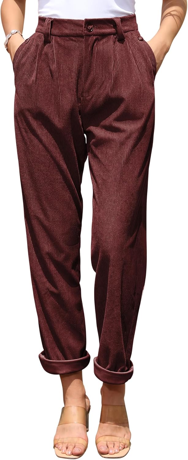siliteelon Corduroy Pants for Women Cotton Straight High Waist Vintage Trousers with Pockets