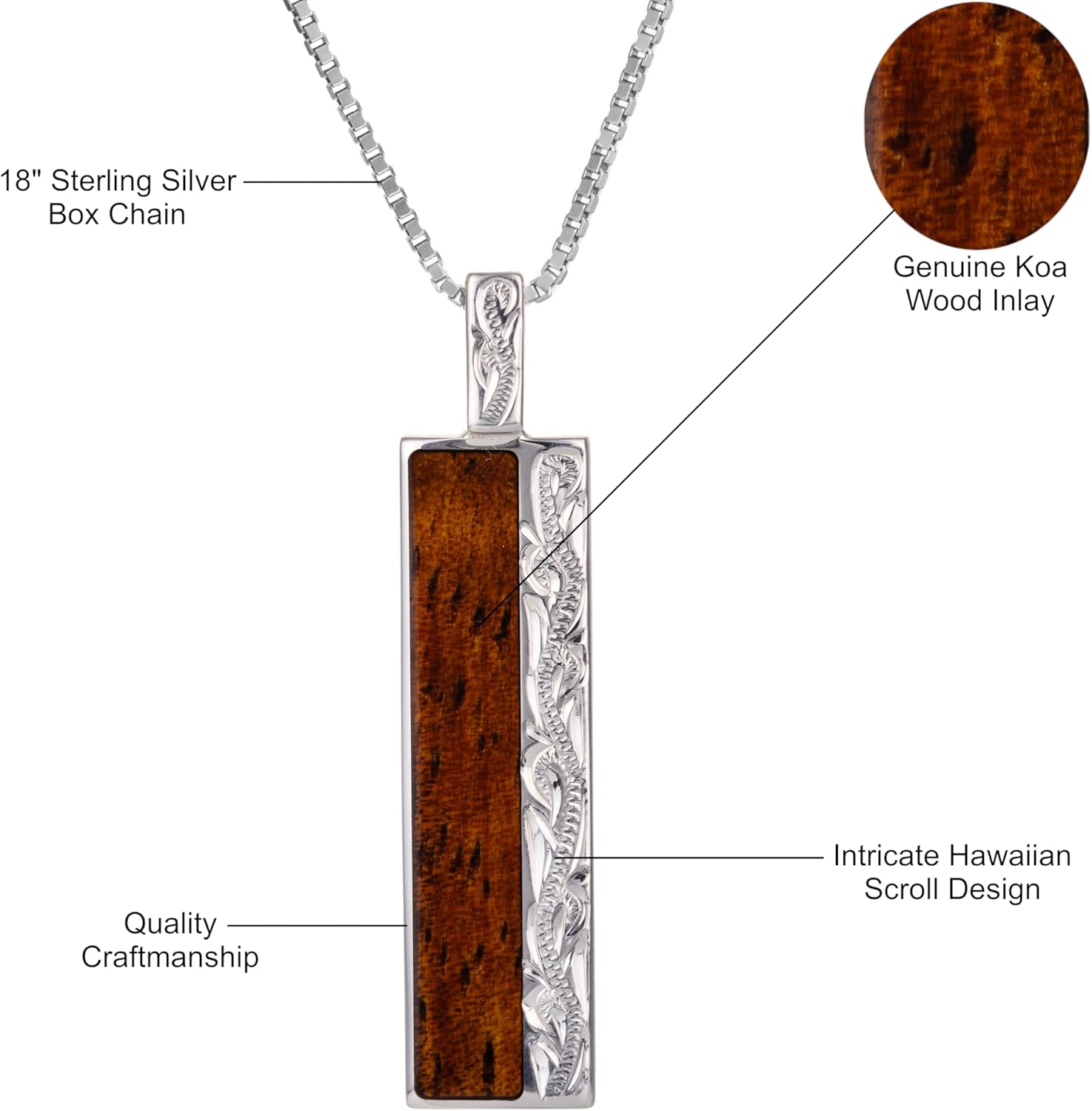 925 Sterling Silver Hawaiian Heirloom Scroll Koa Wood Bar Necklace Pendant with 18" Box Chain, Nickel Free Hypoallergenic for Sensitive Skin, Gift Box Included