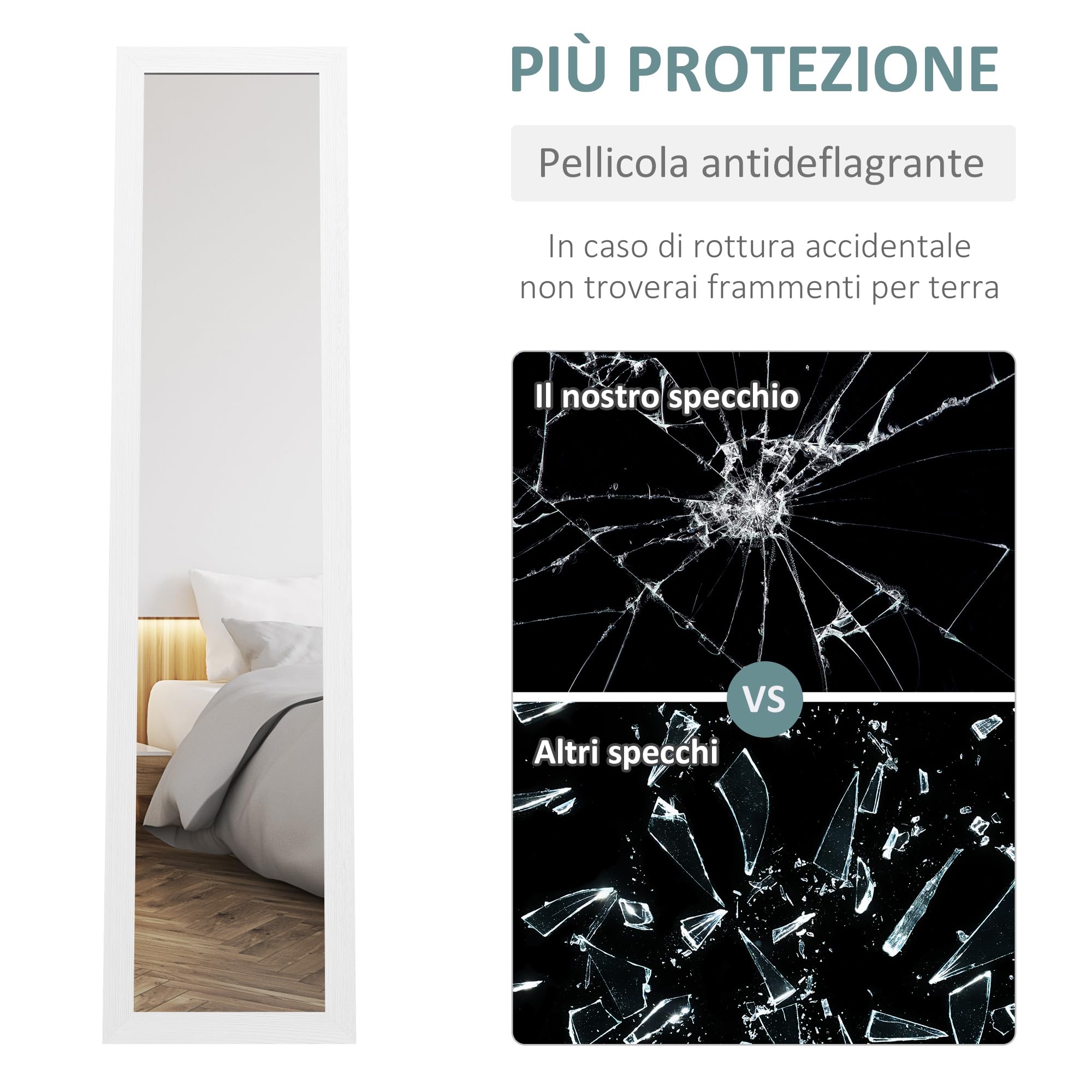 HOMCOM Specchio da Terra con Cornice in MDF con Piedini e Ganci, Specchio Moderno per Utilizzo a Parete, 37x40x155 cm, Bianco e Trasparente