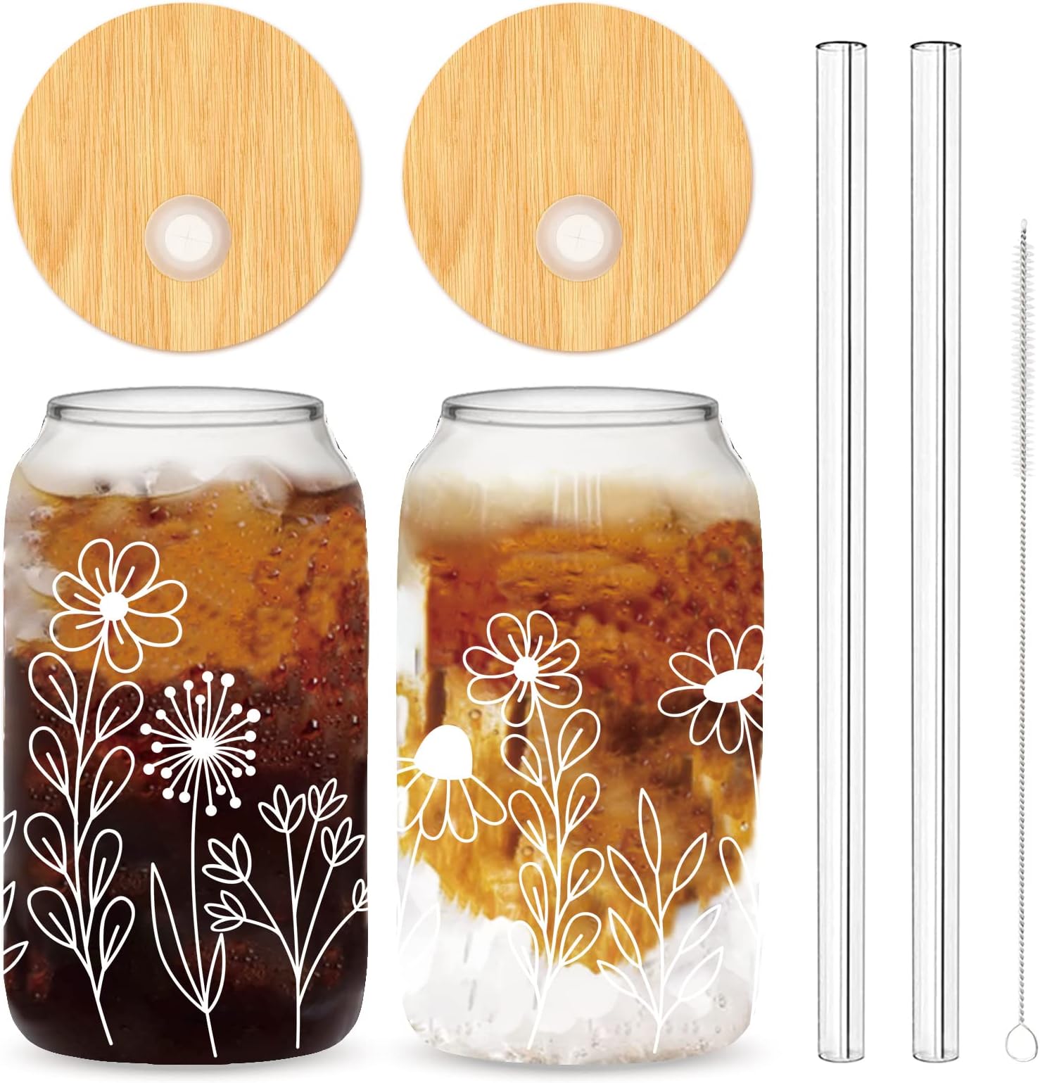 Amazon.com | Whaline Boho Daisy Drinking Glasses with Bamboo Lids and Straw 16oz White Flower ...