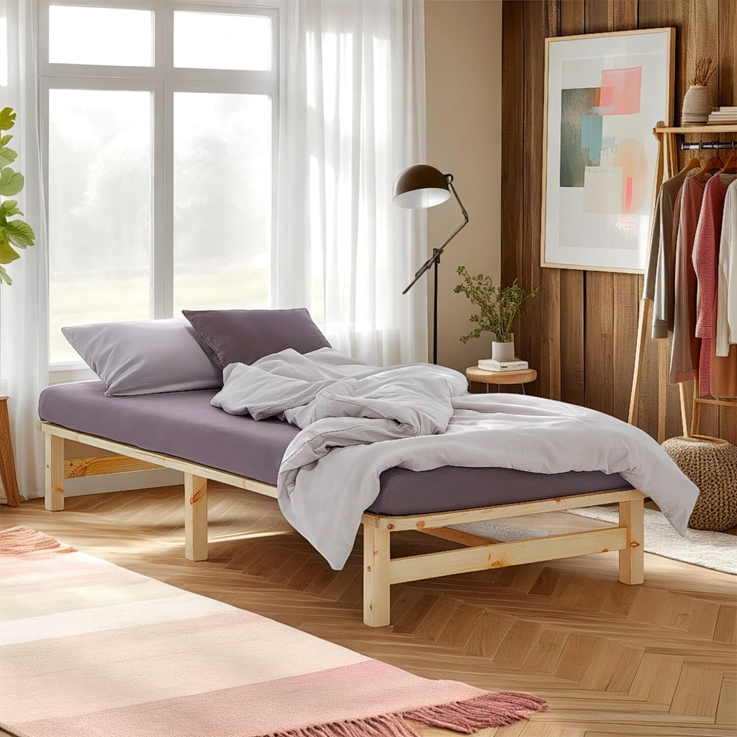 Homestyle4u Holzbett 90x200 mit Matratze & Lattenrost – Kiefer | Massivholz Einzelbett im Palettenbett-Stil – naturbelassen, inkl. Komfortschaummatratze (H2), allergiker-freundlich