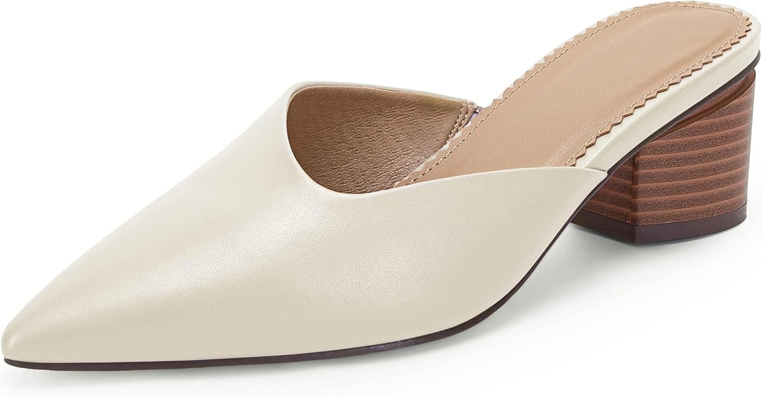 Coutgo Womens Pointed Toe V Cut Mules Chunky Block Heels Slip On Clogs Fashion Office Slides Shoes