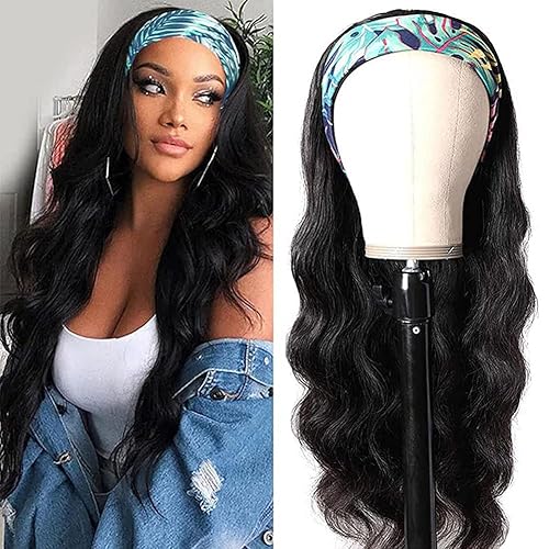Angelwing Peluca de cabello humano ondulado con diadema de 32 pulgadas sin pegamento con bufanda prefijada sin pegamento sin pegamento sin costura