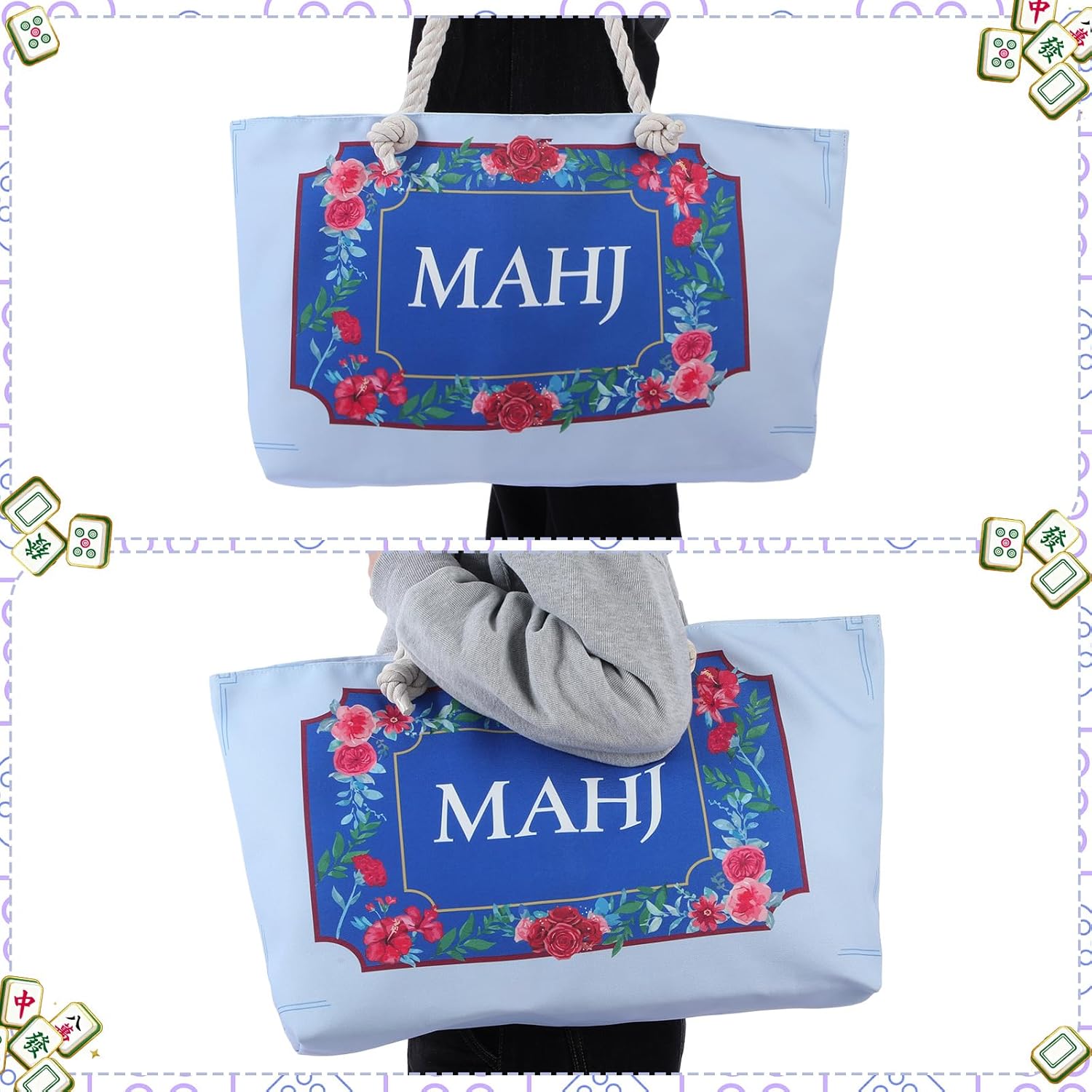 Empty Mahjong Bags Set for Tiles and Racks 24x13x4.7 Inch American Mahjong Carrying Bag Tote Tiles Bag Drawstring Protective Sleeve for Rack Pusher Party Travel, Case Only(Red Flowers)