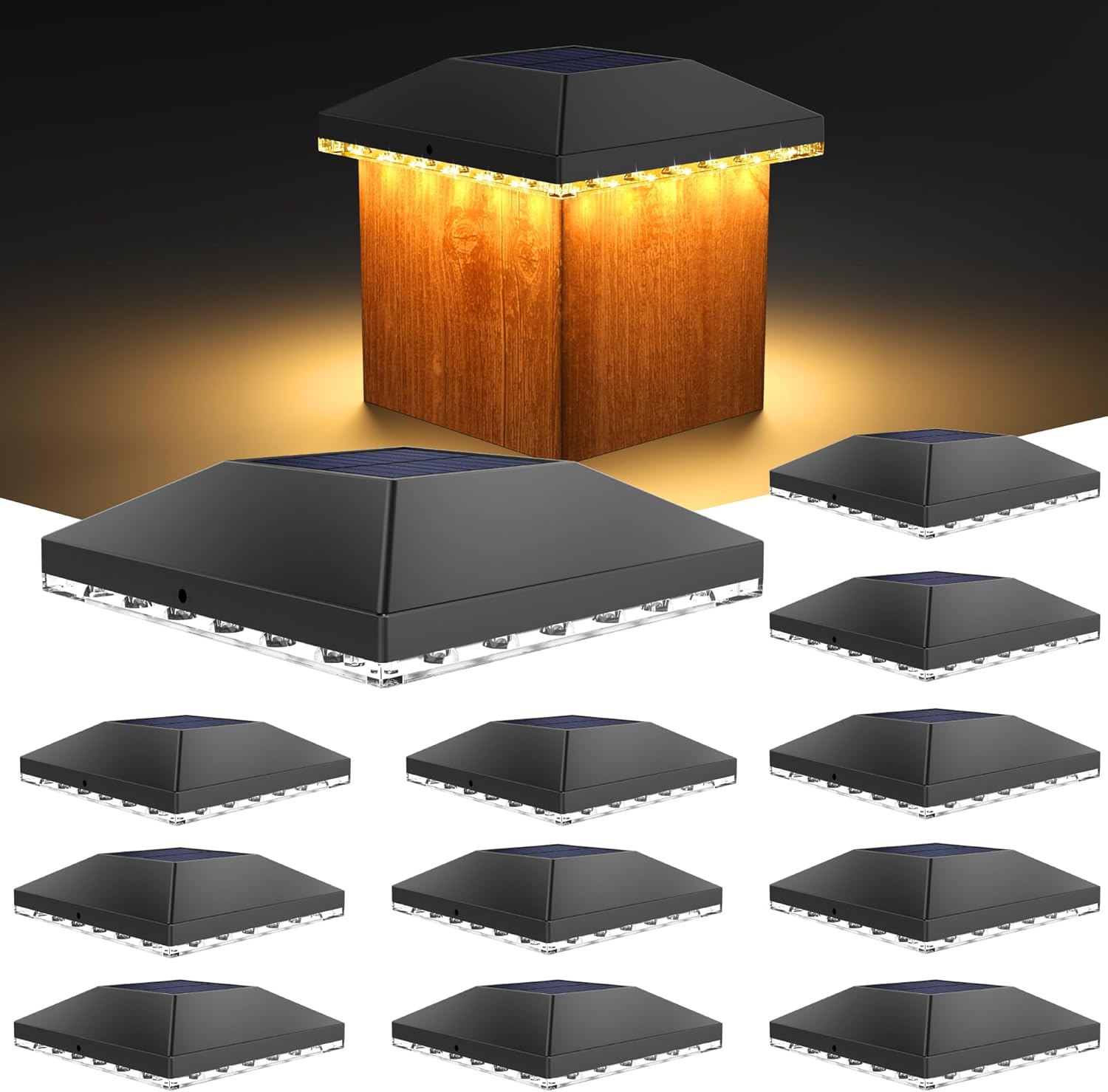 VOLISUN 4x4 Solar Fence - Post Lights Outdoor Waterproof 12pack, Deck Cap Light for 4x4 Wooden/4x4 Vinyl,Black Solar Fence Post Cap Light for Garden/Patio/Porch