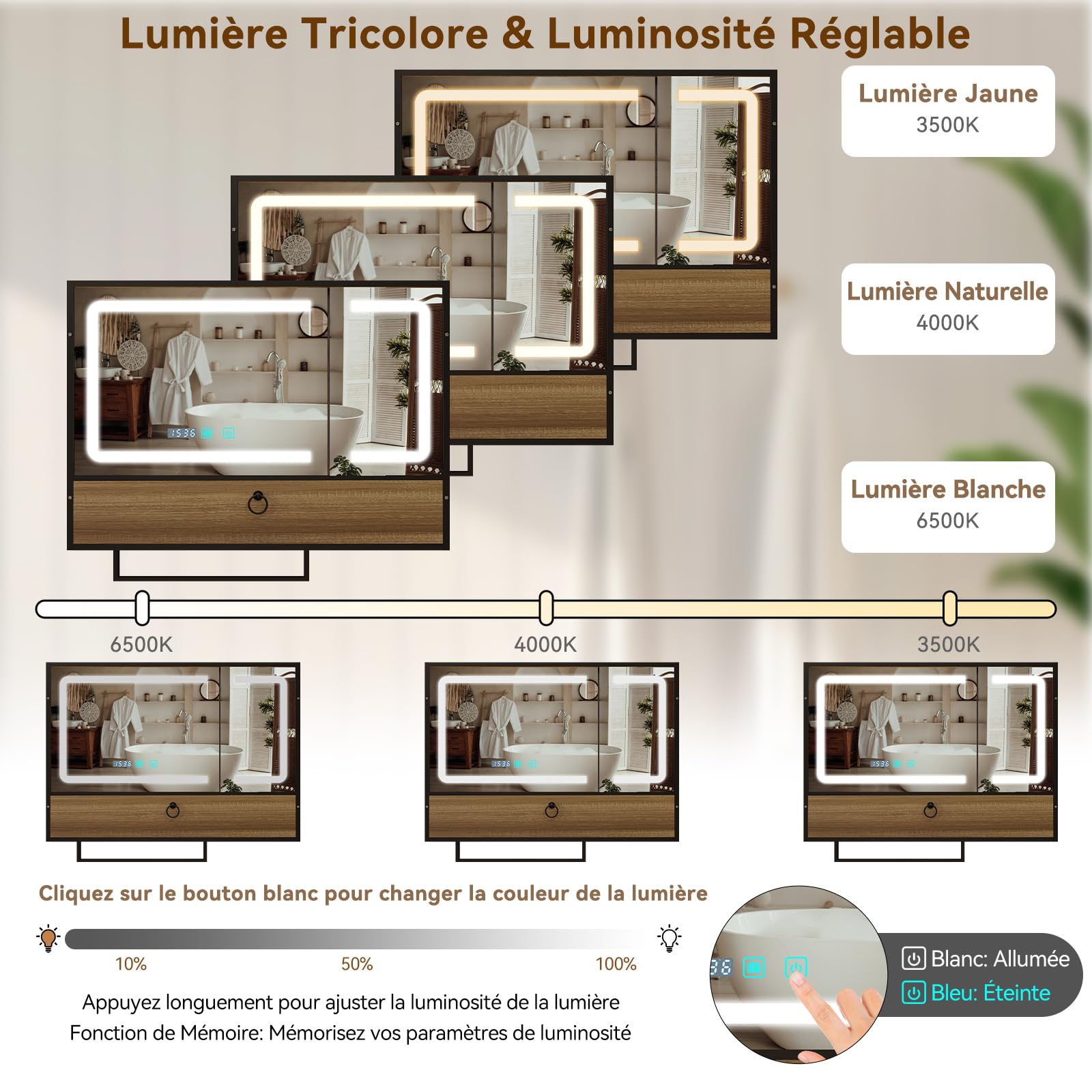 YU YUSING Armoire Salle de Bain LED Anti-Buée avec Porte-Serviettes 80x60cm
