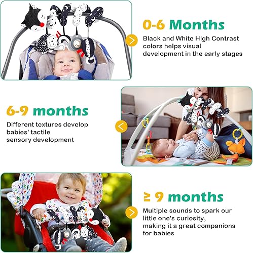 Miniatura 3 de ELBVLADV Kit de 3 juguetes para bebés de 0 a 6 meses, juguetes para asiento de automóvil y juguetes de cochecito y juguetes para bebés en blanco y