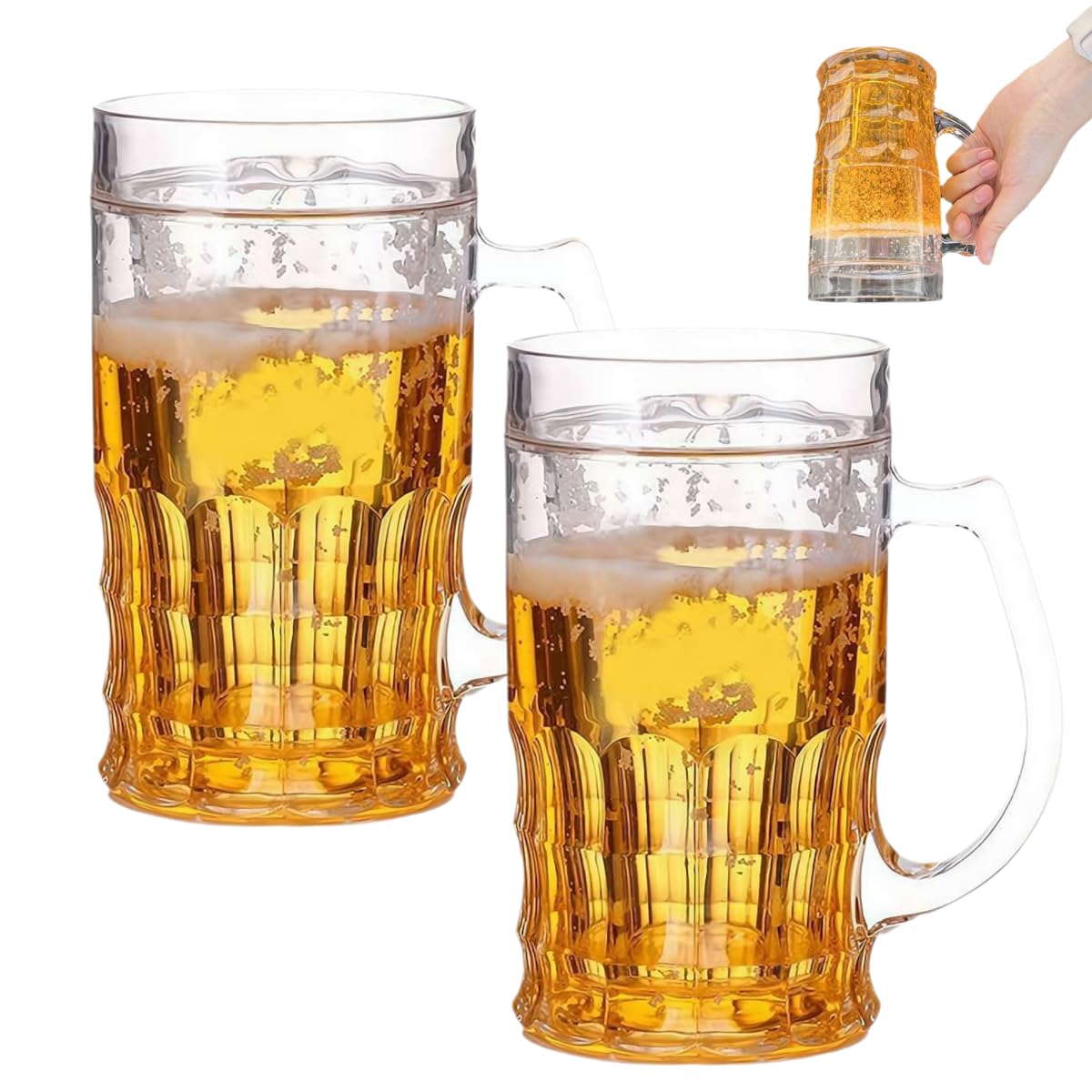 Fake Beer Mug, 400ml Double Decker Funny Beer Mugs, Novelty Plastic Mugs, Double Layer Fake Beer Mug with Handles, Prank Drinking Cup Gifts for Men Dad Bar Beverages (2pcs)