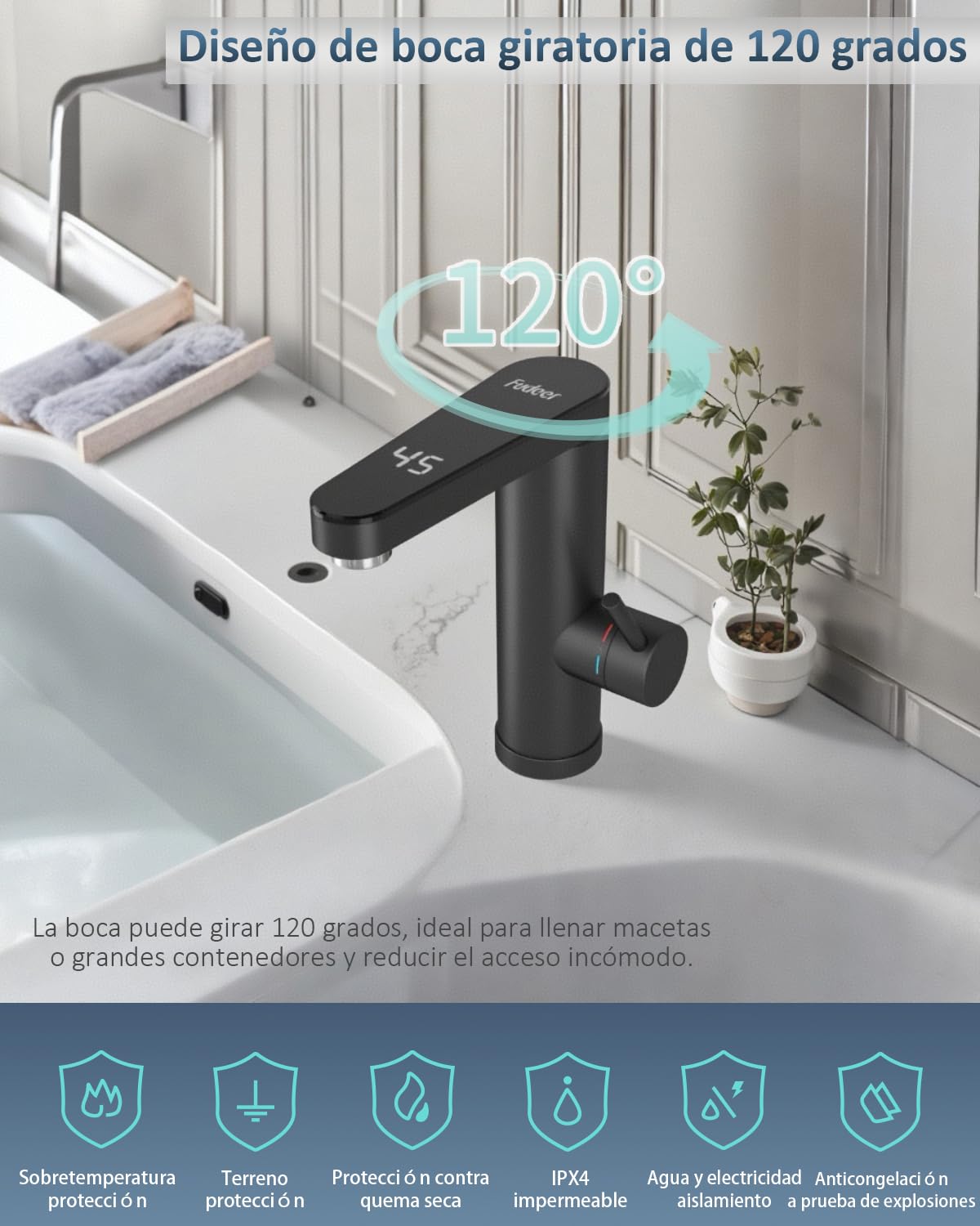 Grifo de calentador de acero inoxidable, Grifo eléctrico con calentador de corriente con indicador de temperatura digital, Salida giratoria de 120 grados, Instalaciones de baño eléctricas