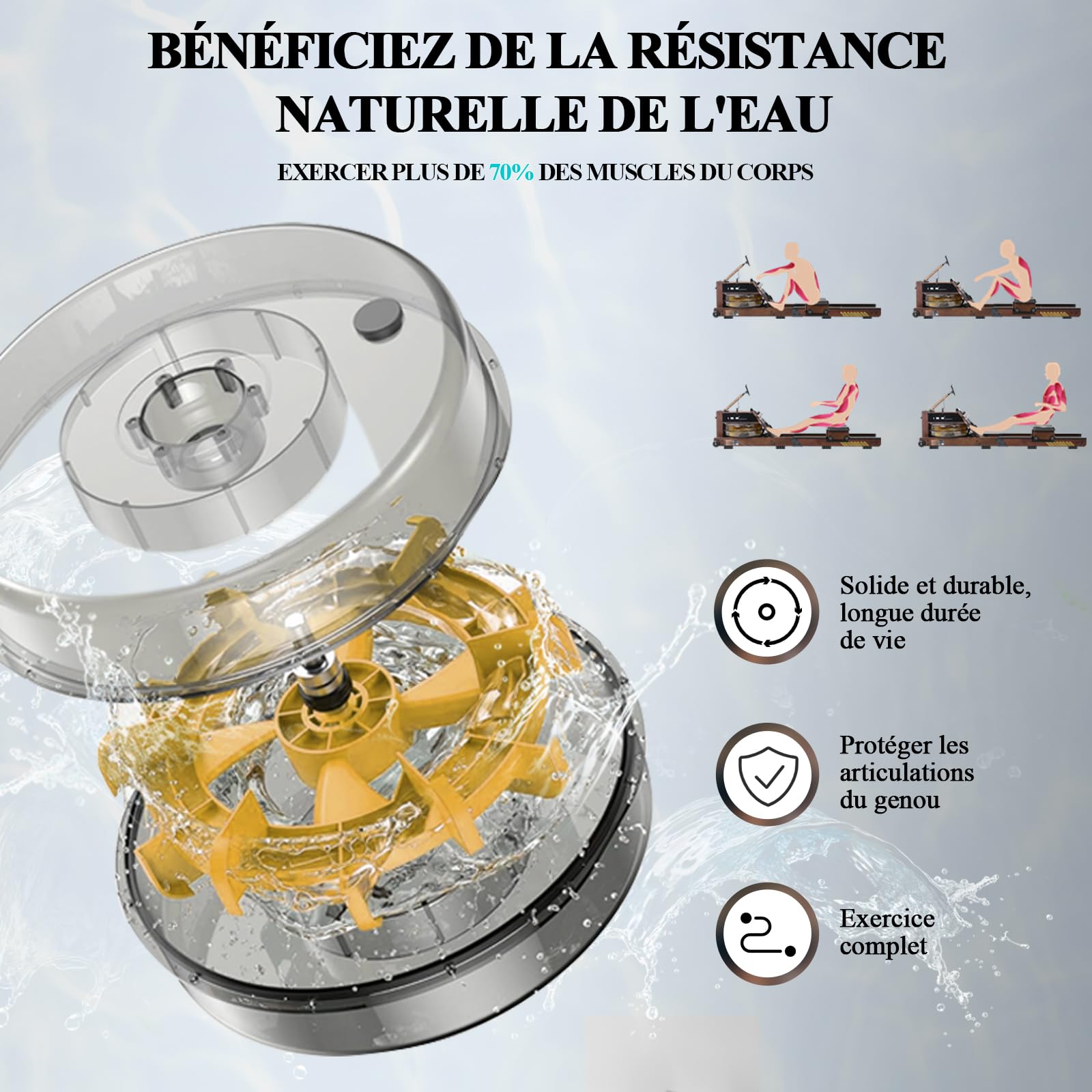 ISE Rameur Pliable à Eau Fitness, Rameur d'Appartement Pliable Maison/Bureau, avec Pompe à Eau, Niveau Résistance 30KG Maxi, Écran LCD, Siège Réglable, Water Rowing Machine Roue Transport Rail Lisse