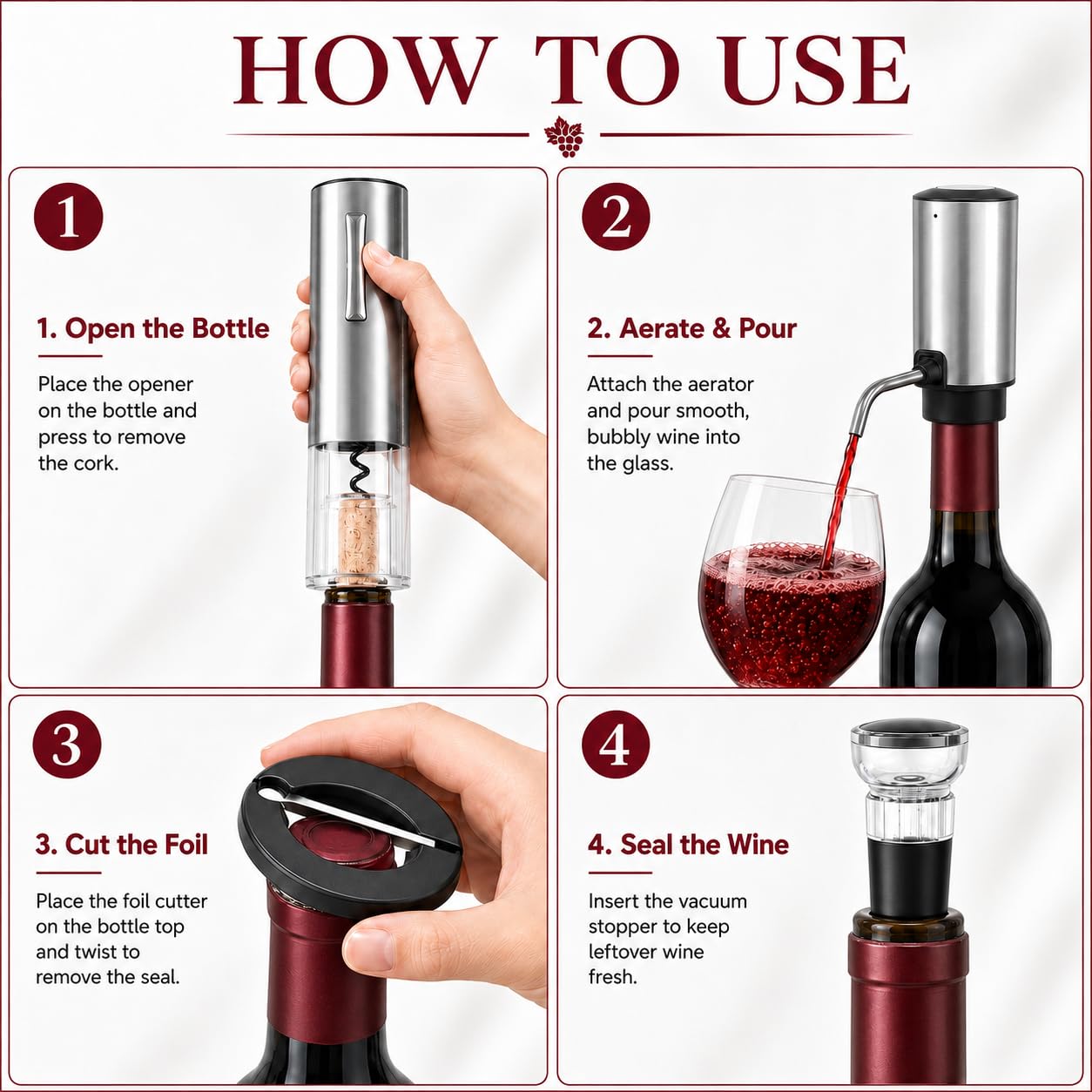 Juego de abridor y aireador eléctrico de vino con cortador de papel de aluminio y tapón al vacío, elegante caja de regalo de vino para Navidad, vacaciones y ocasiones especiales, perfecto para los