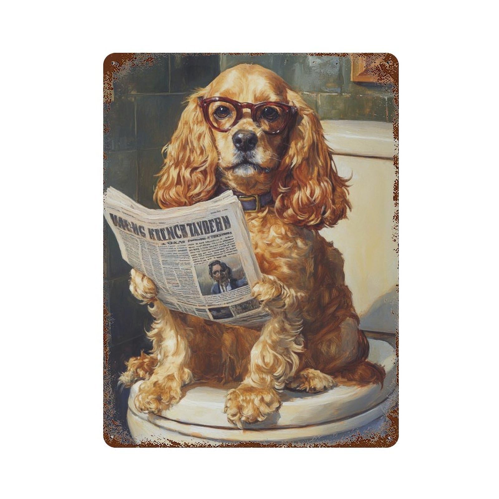 Dog Reading Newspaper on Toilet-26 15.7"x11.8" Weathered Tin Sign, Shabby Chic Decor for Farmhouse, Kitchen And Entryway Decor