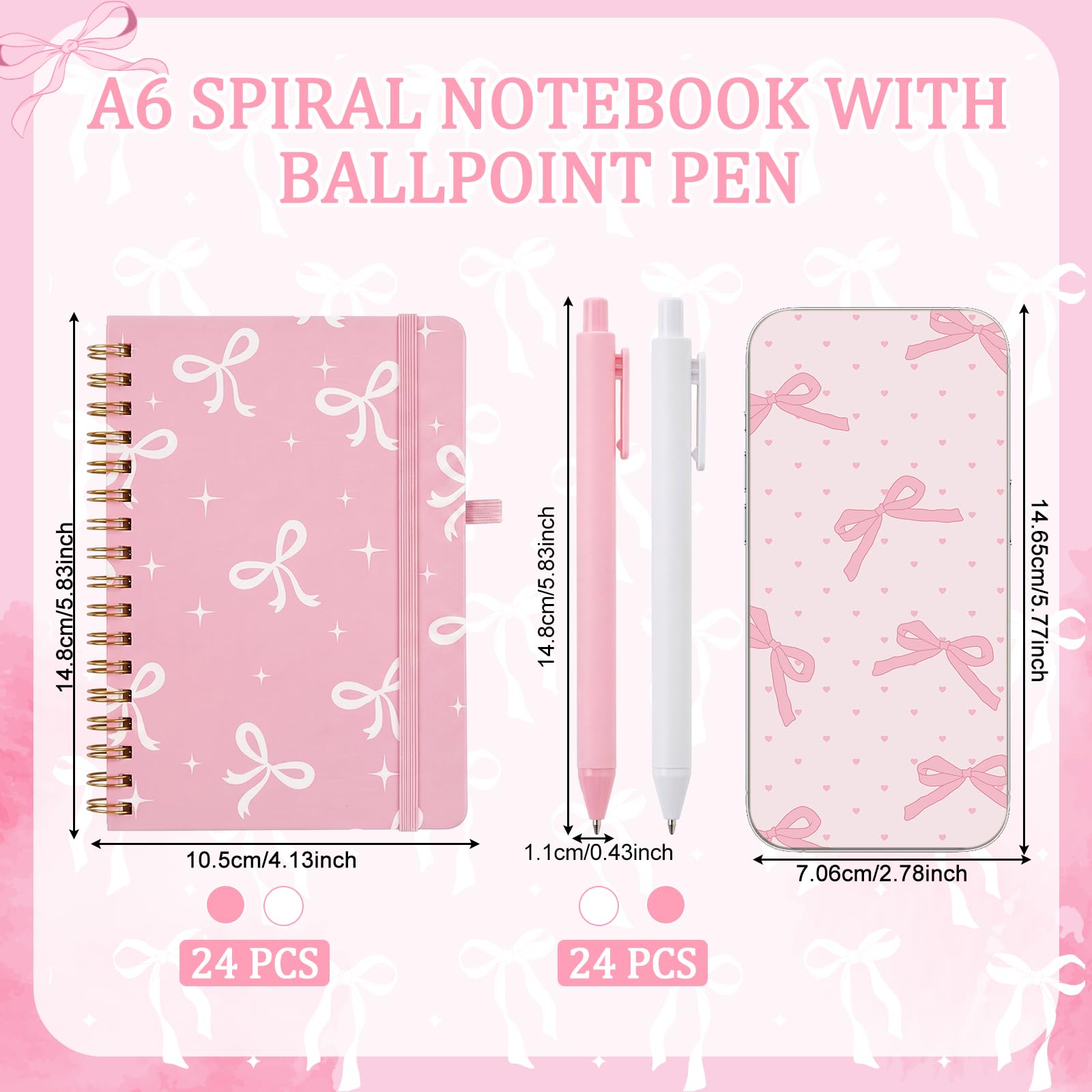 Fulmoon Set di 24 quaderni a spirale A6 con fiocco rosa con penne a sfera, 50 fogli, 10,2 x 15,2 cm, piccolo fiocco, quaderni a righe per il rientro a scuola, ufficio, regali per coquette