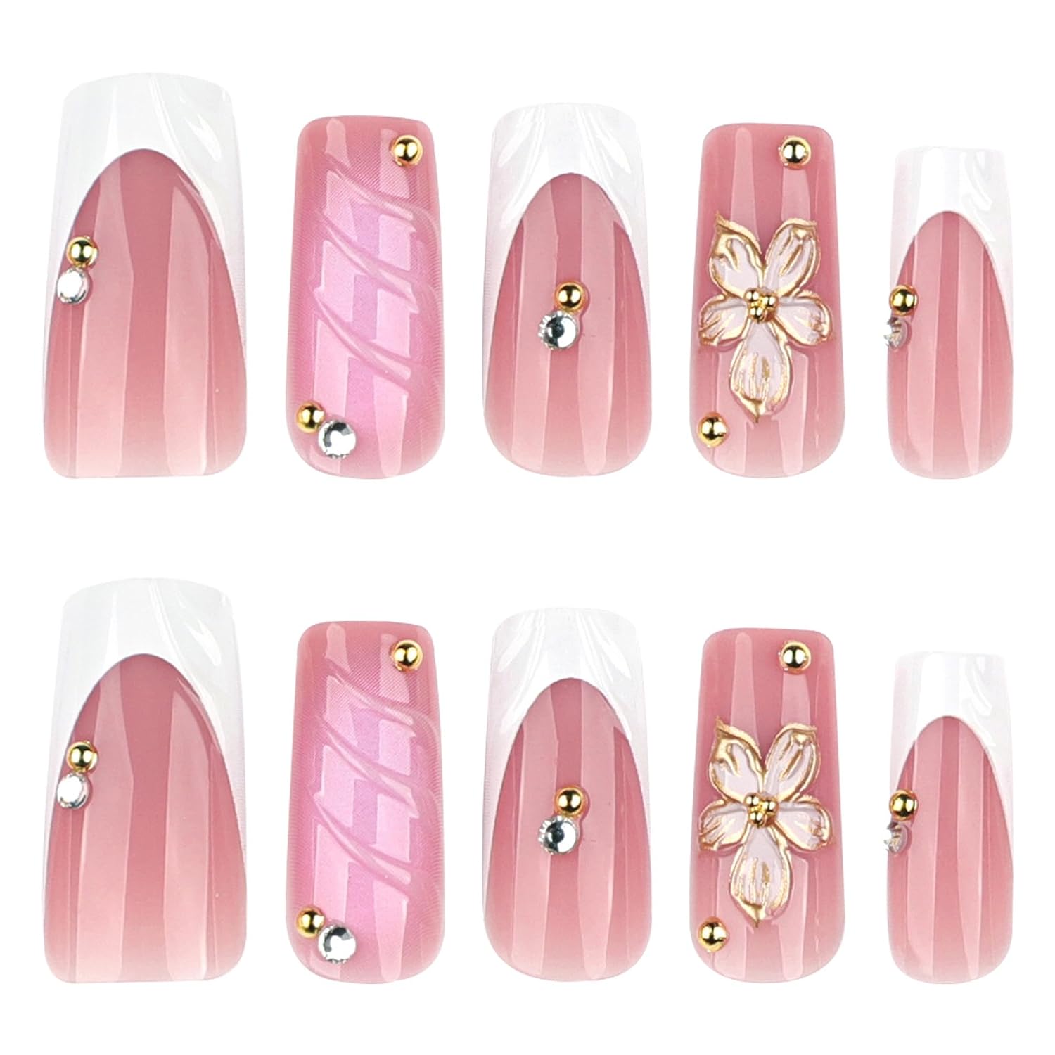 CTTHNBD Medium Press on Nails Square - White French Tip Fake Nails with Flower Design - Rhinestone Stick on False Nails - for Women 24 Pcs image 5