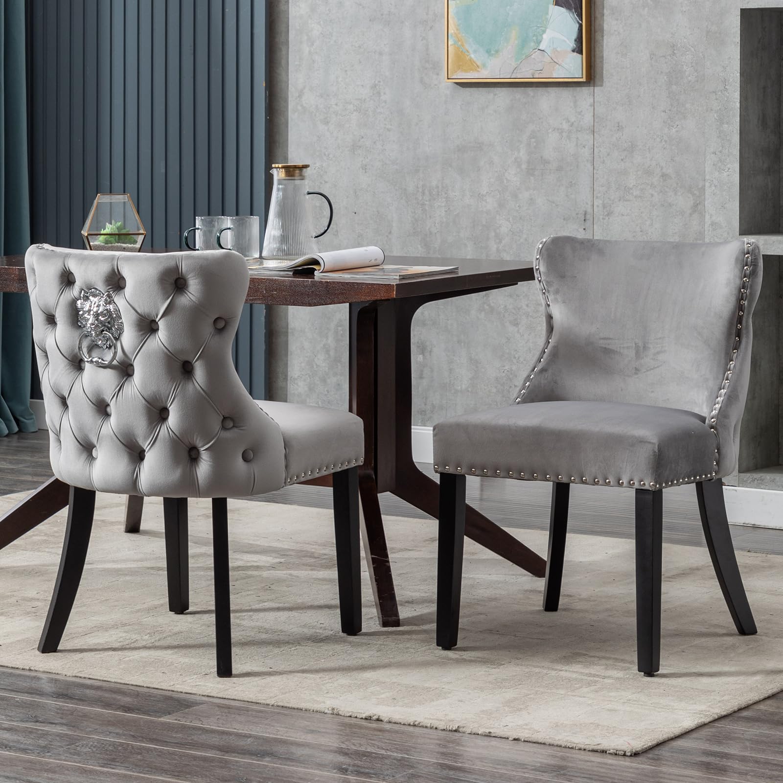 Lot de 2 Chaises Scandinaves Rembourrées Velours Gris Pieds Bois Moderne Salle à Manger Cuisine Salon