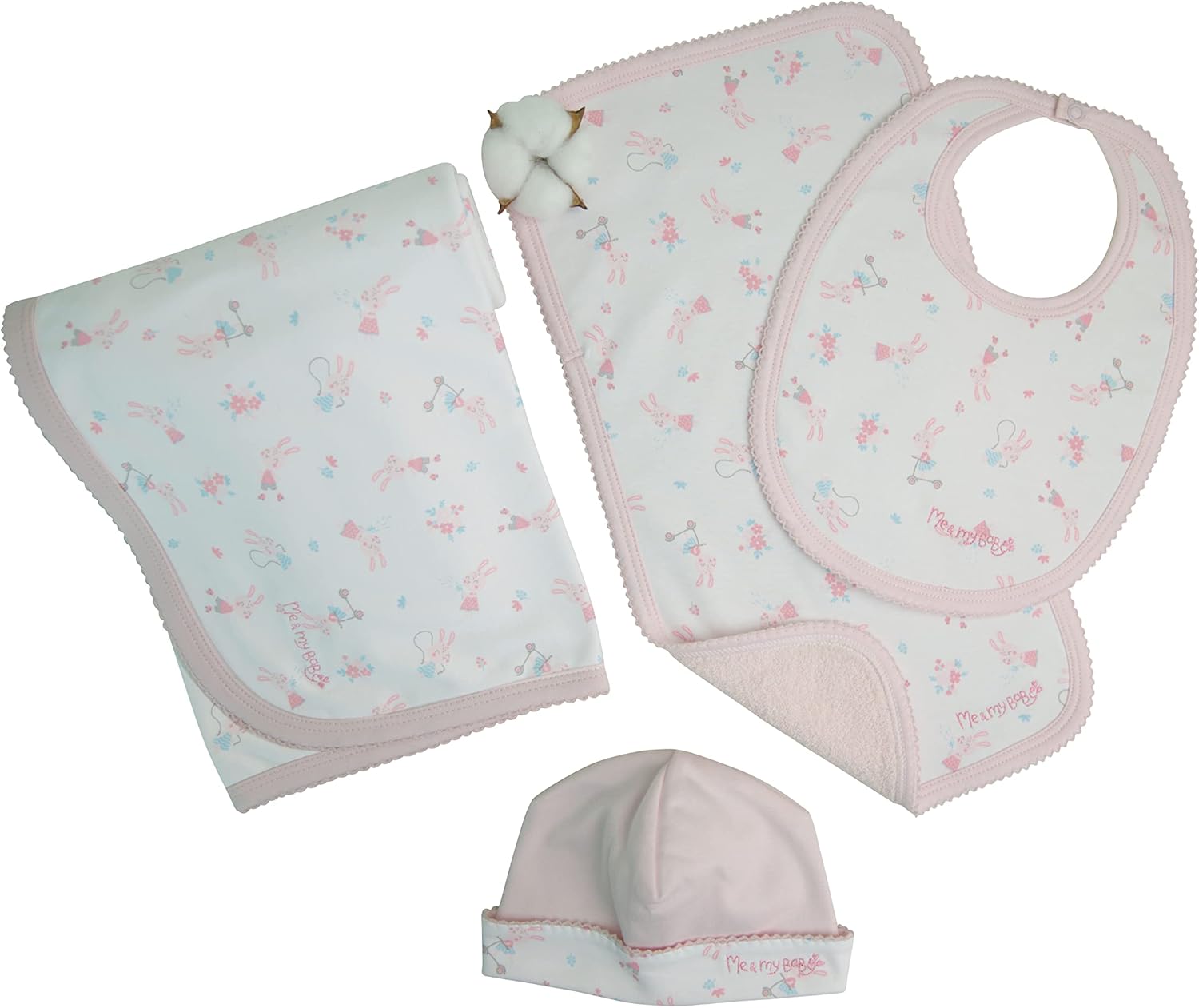 ME & MY BABY - Set 4 Pieces - Hat, Blanket, Bib and Burp (Bunnies Print)